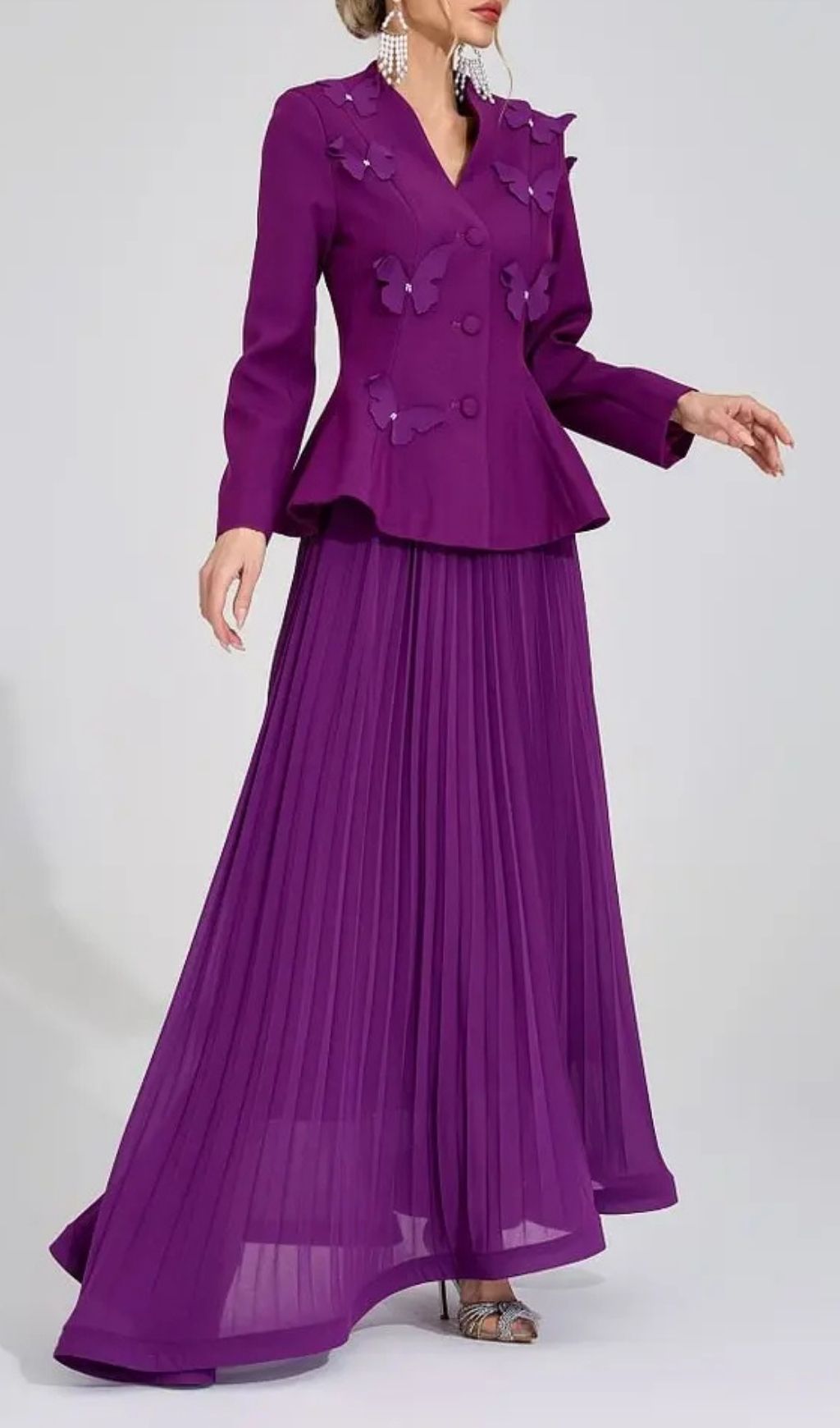 Sabrina Floral Embroidered Coat Maxi Skirt Set - Purple