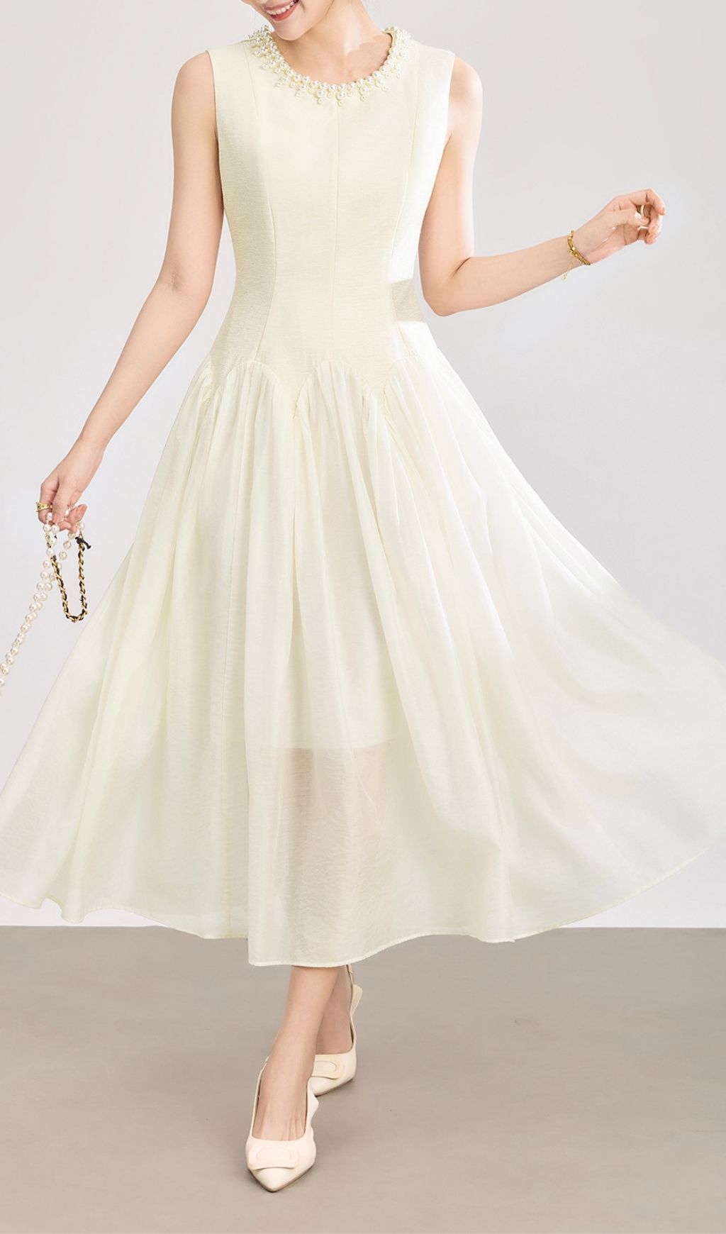 Sleeveless Midi Dress With Tulle Skirt And Pearl Embellished Collar