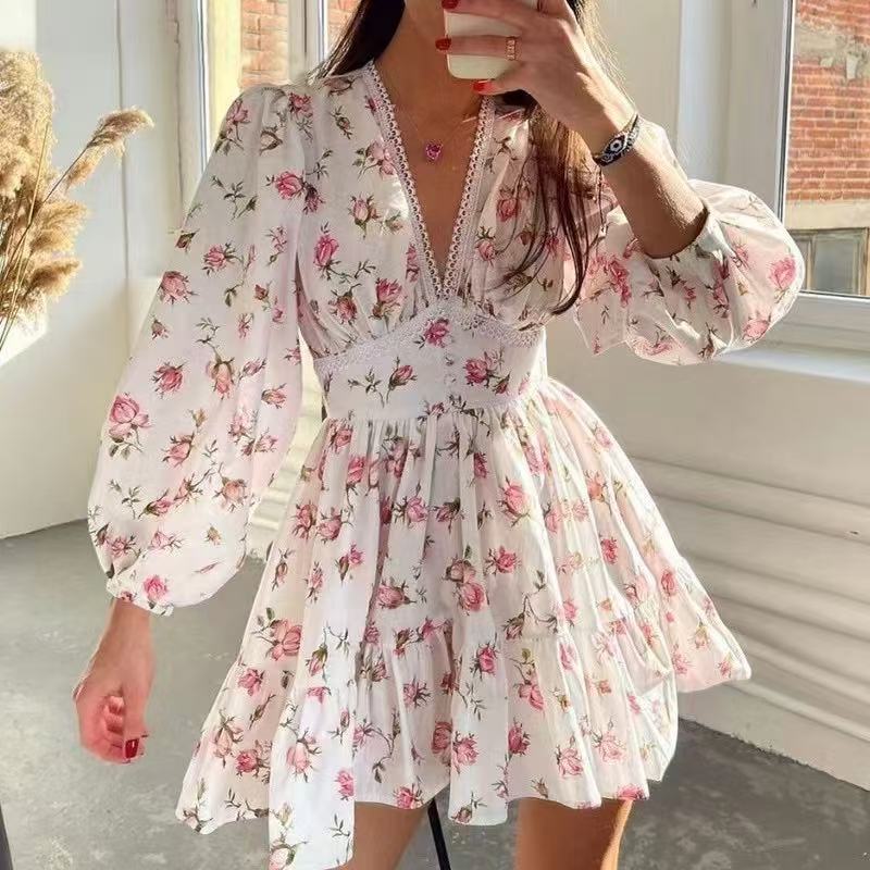 Printed V-Neck Puff Sleeve Lace Mini Dress - OWNCI Printed V-Neck Puff Sleeve Lace Mini Dress - OWNCI