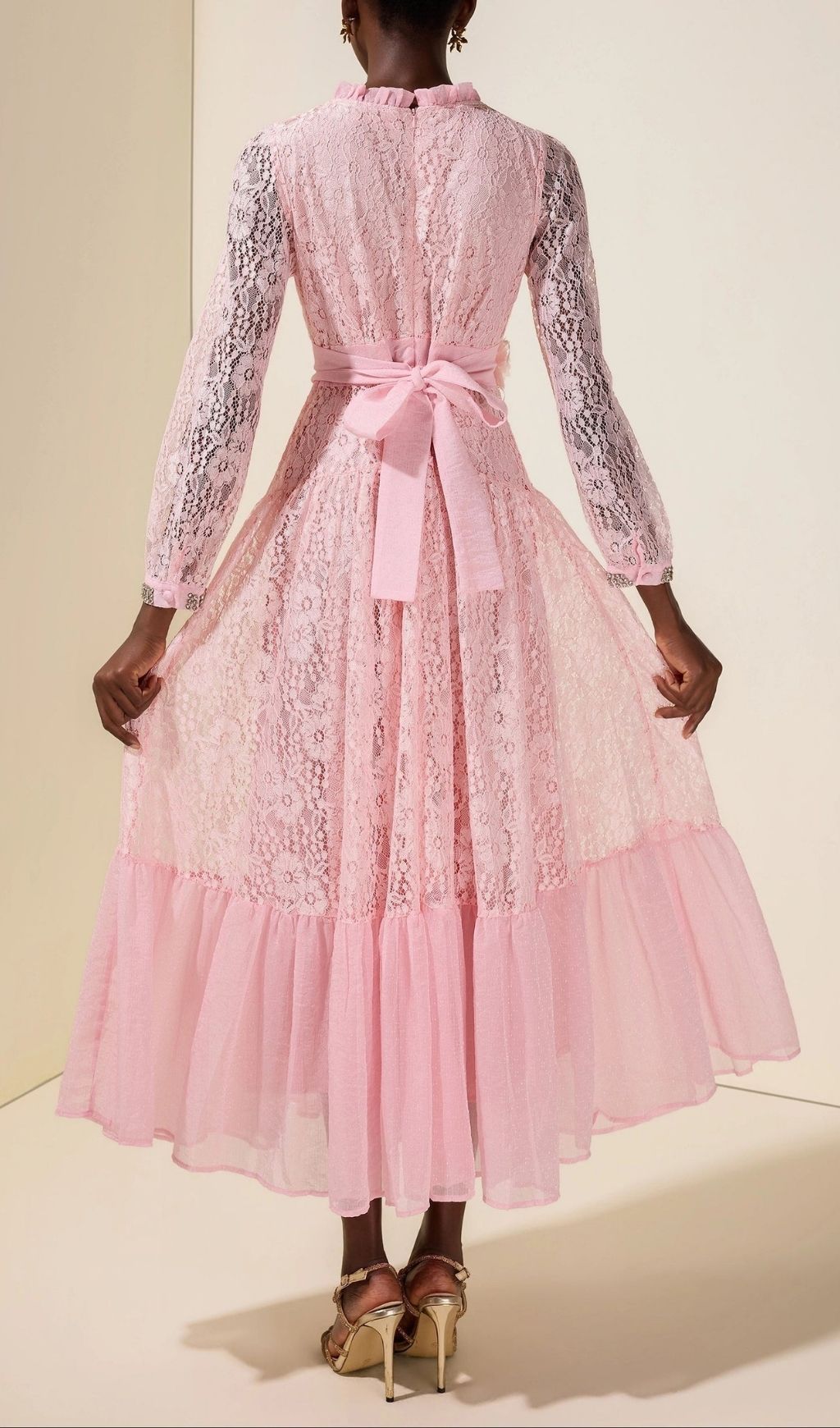 3db4ece4e9052b1fadbb381786952517 Virginia Lace 3D Flower Rhinestone Rivets Midi Dress - Pink