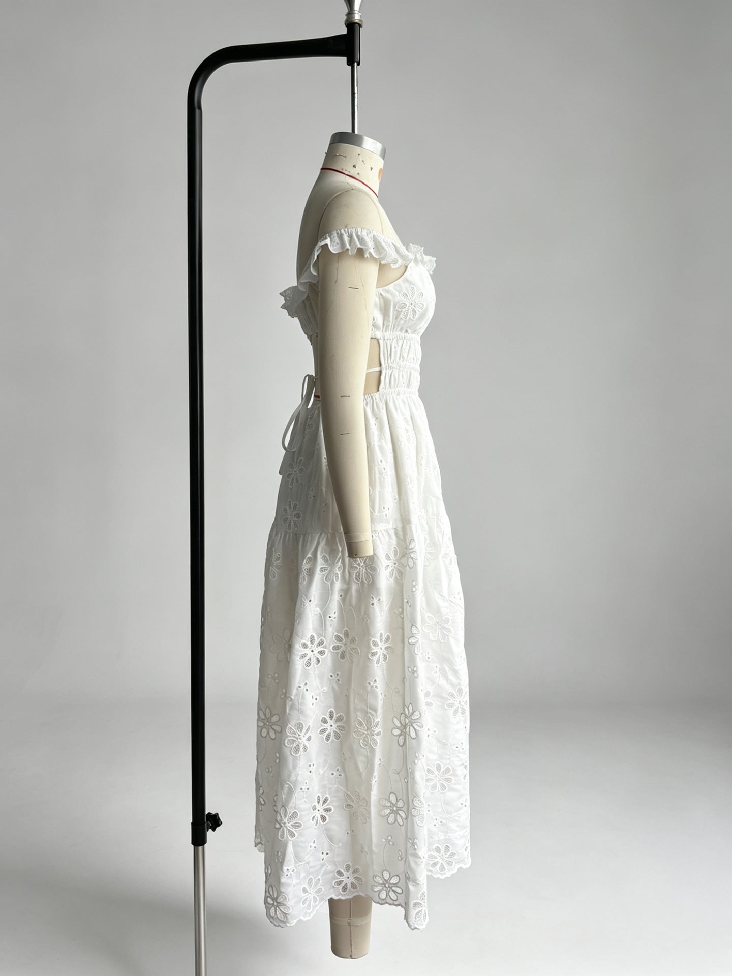 Ruffled Square Neck Embroidered Backless Slit Maxi Dress – White - OWNCI Ruffled Square Neck Embroidered Backless Slit Maxi Dress – White - OWNCI