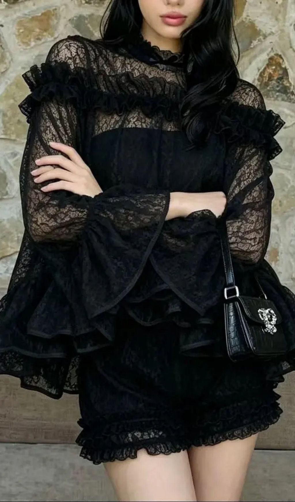 Vanessa Black Floral Lace Ruffled Top & Shorts Set
