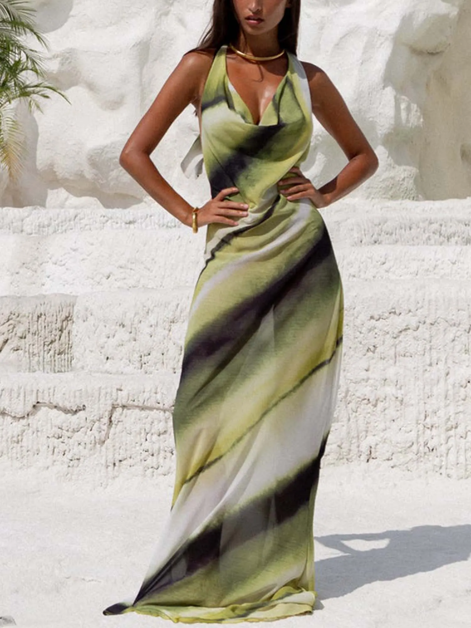 V-Neck Backless Digital Print Silk Maxi Dress - Green