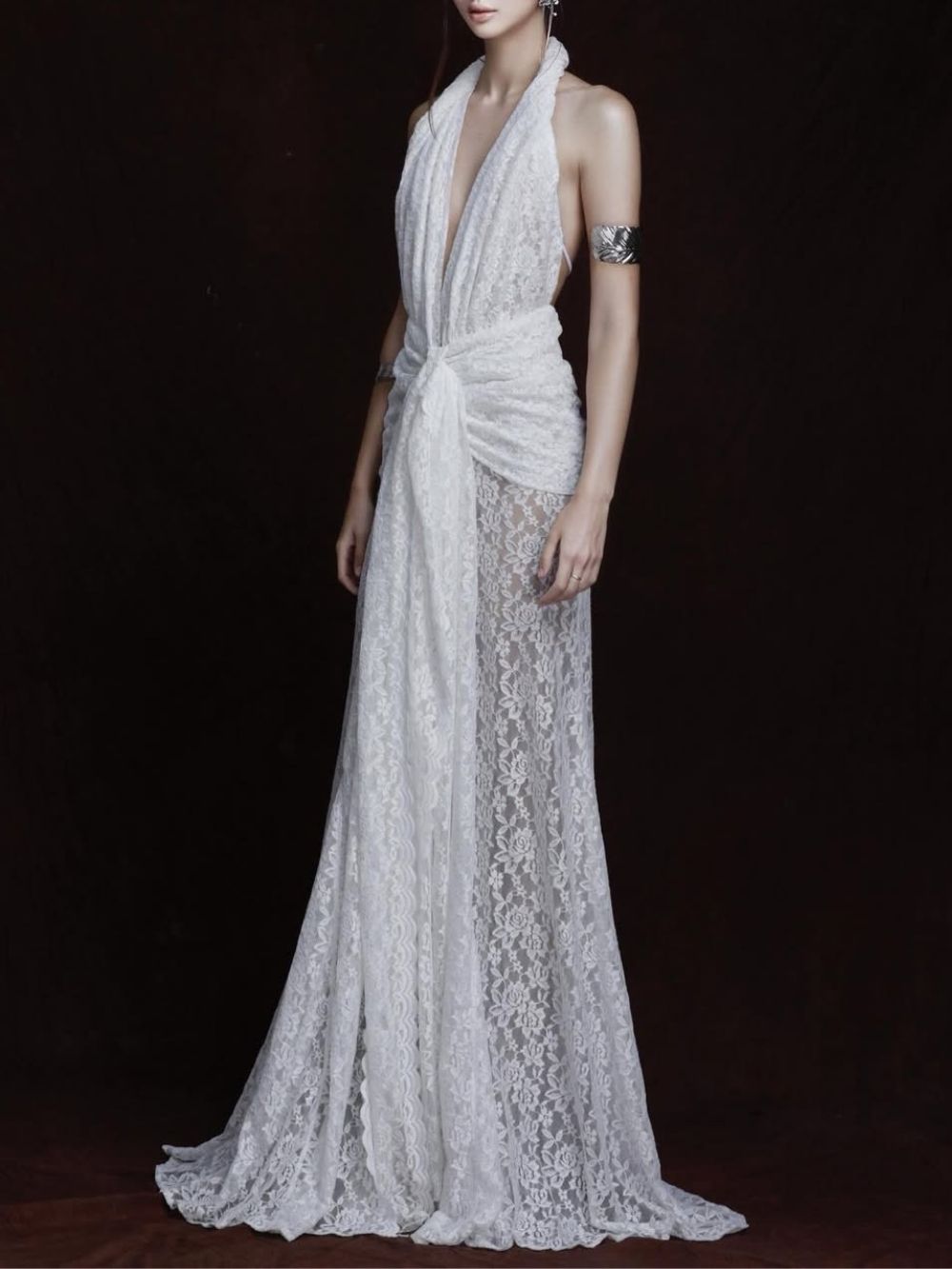 Fynderic Plunge Neck Lace Split Maxi Dress