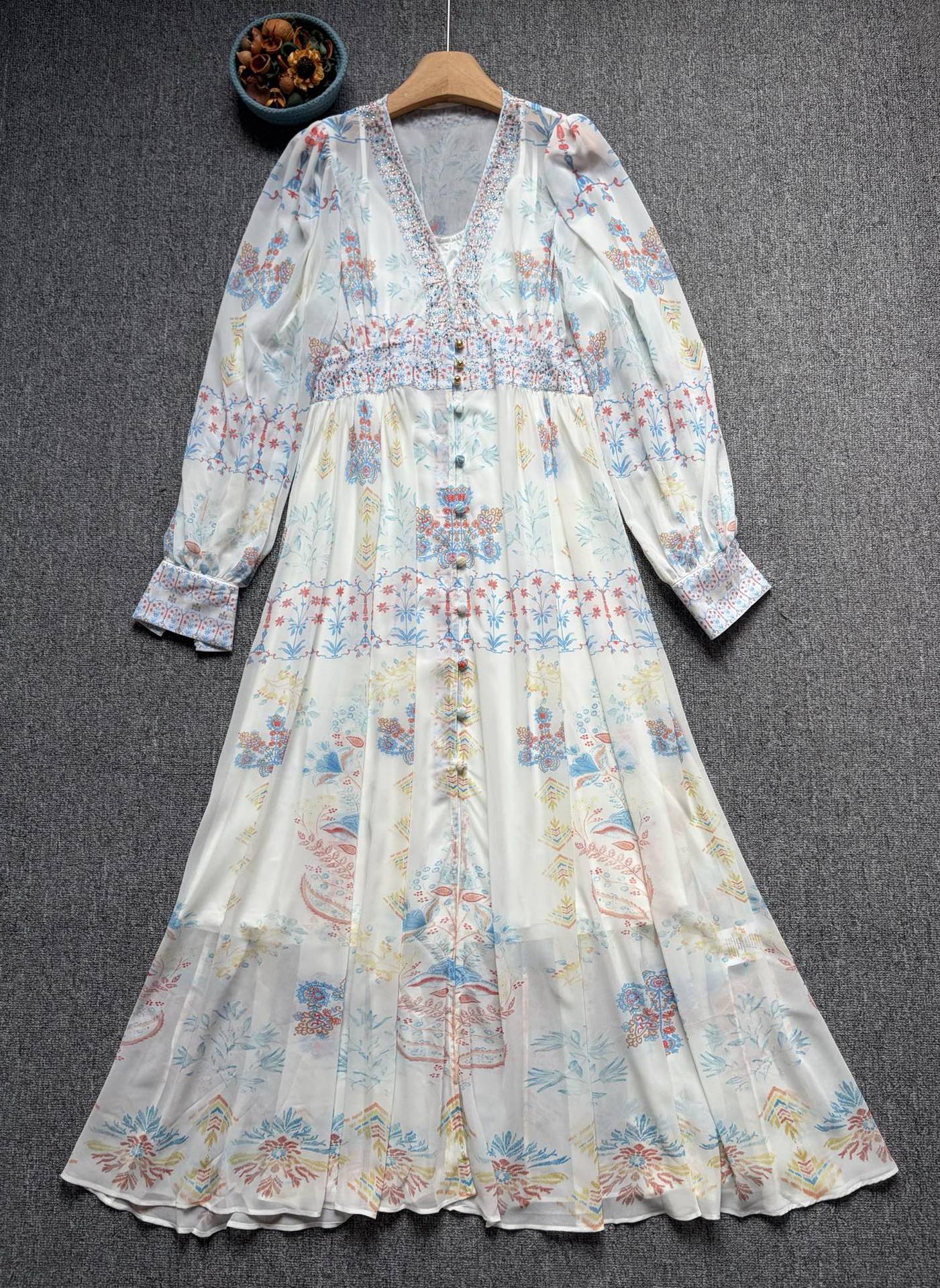 Lesley Printed V-Neck Lantern Sleeve Slit Maxi Dress - Blue