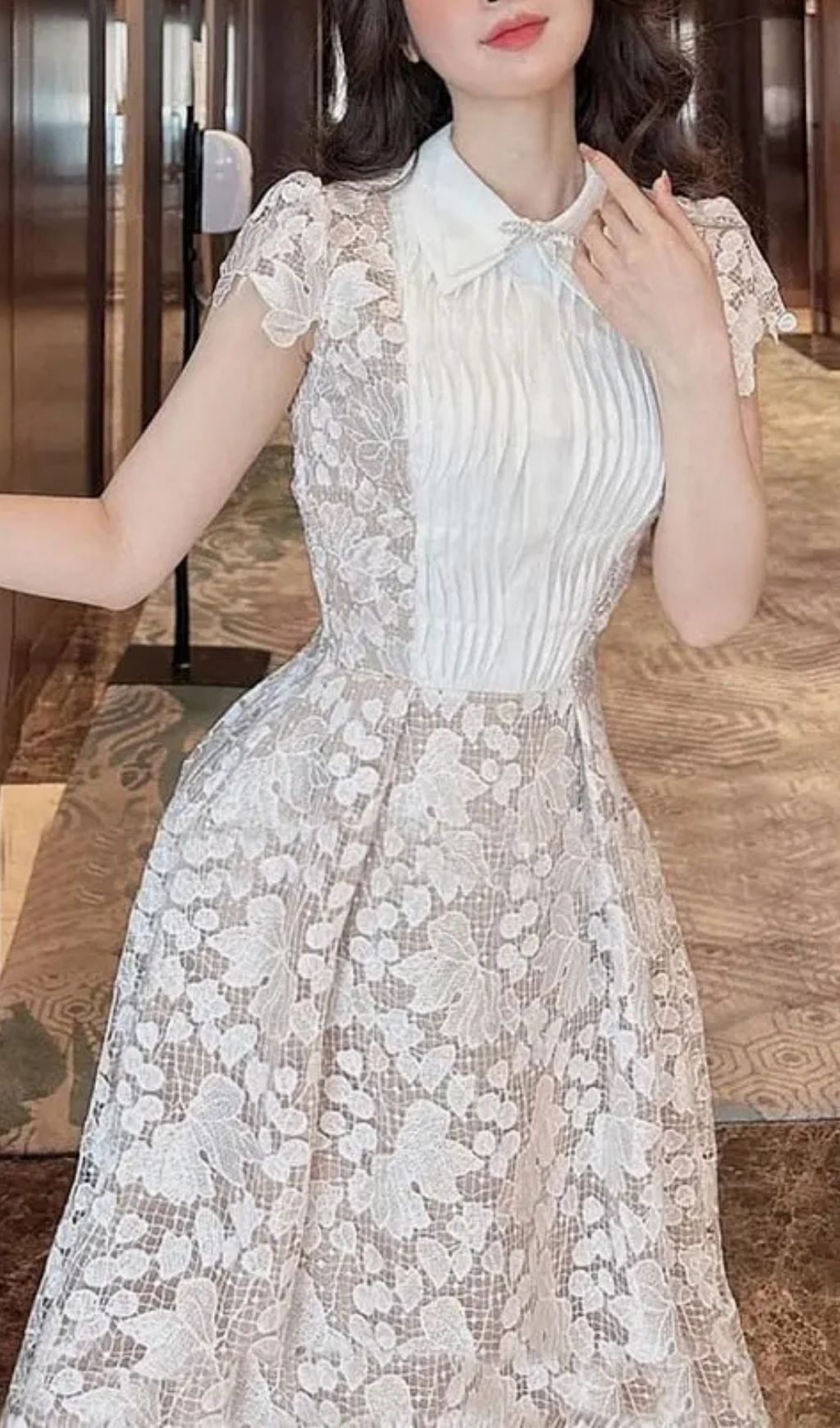 Leila White 3D Flower Embroidery Bow Lace Midi Dress
