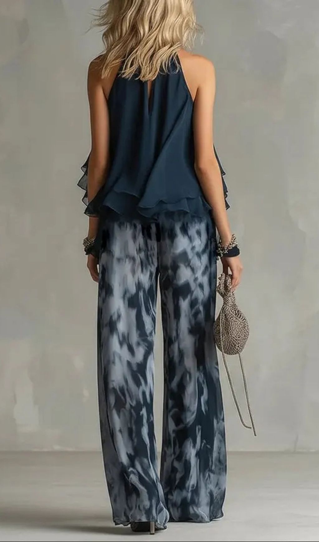 Fashionslee Women Navy Halter Neck Top And Printed Wide-leg Pants Chiffon Set