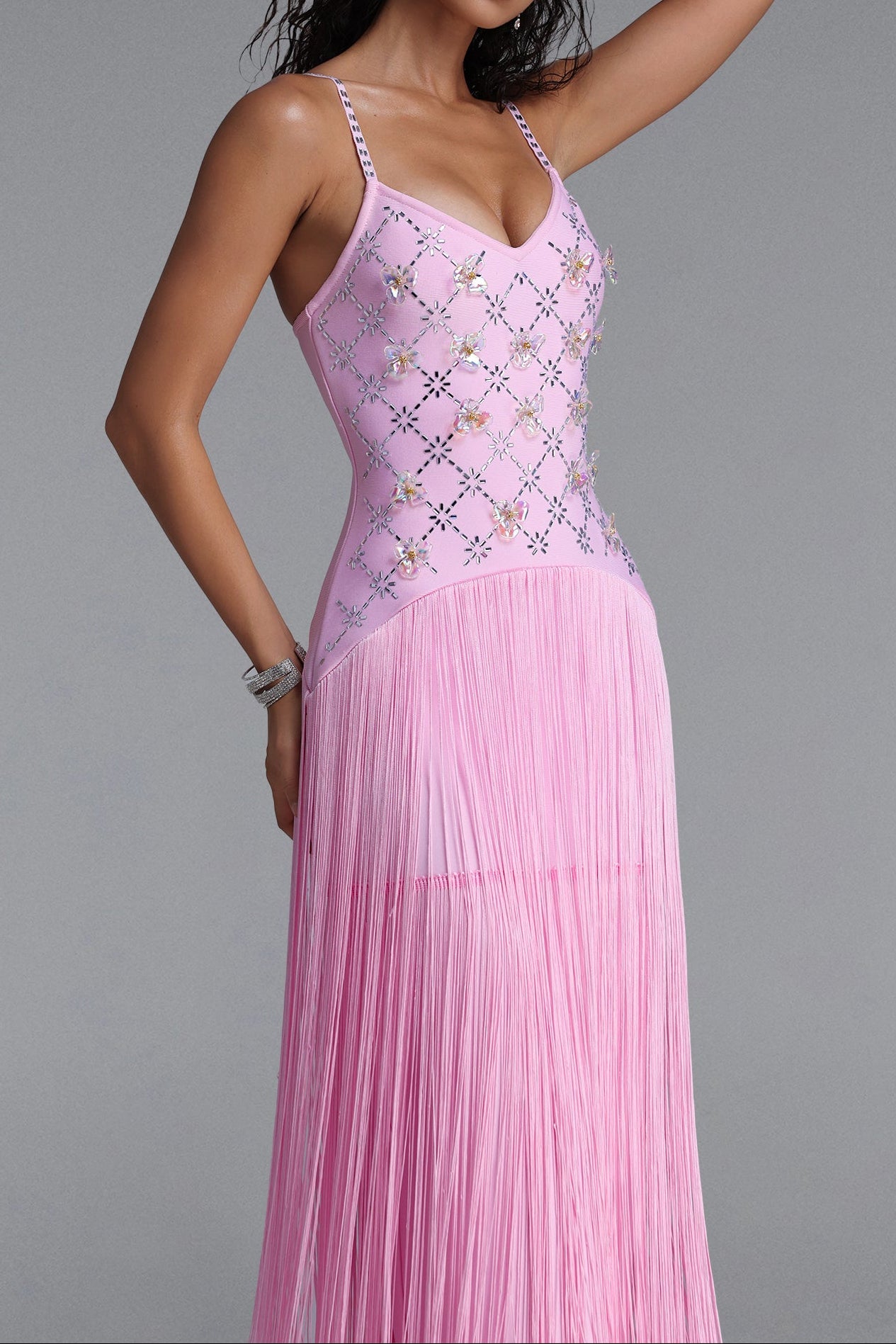 3f2b77154e4843725fe3033a31663c71 Rhinestone Floral Fringe Spaghetti Strap Maxi Dress