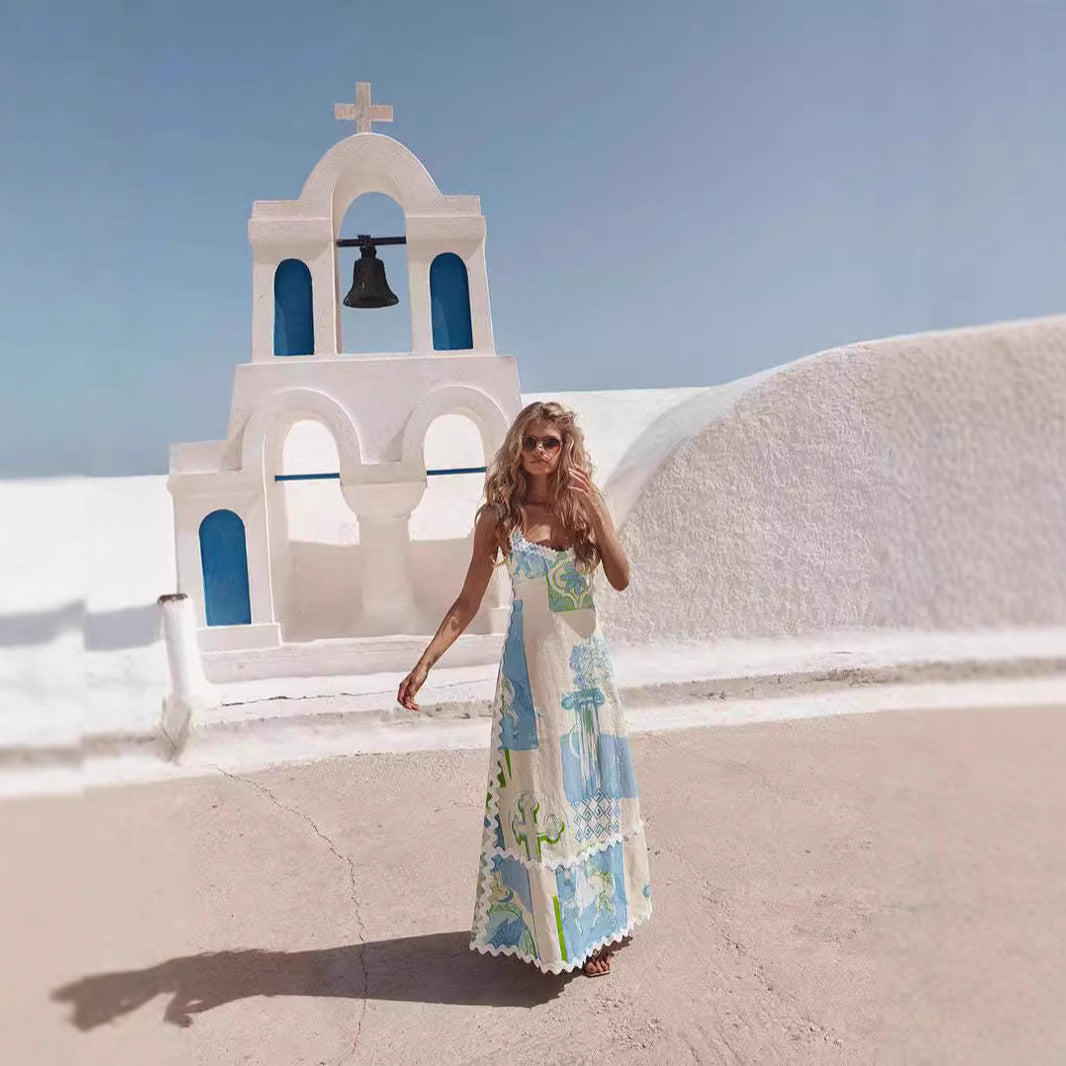 Linen Print Backless Bow Tie Dress