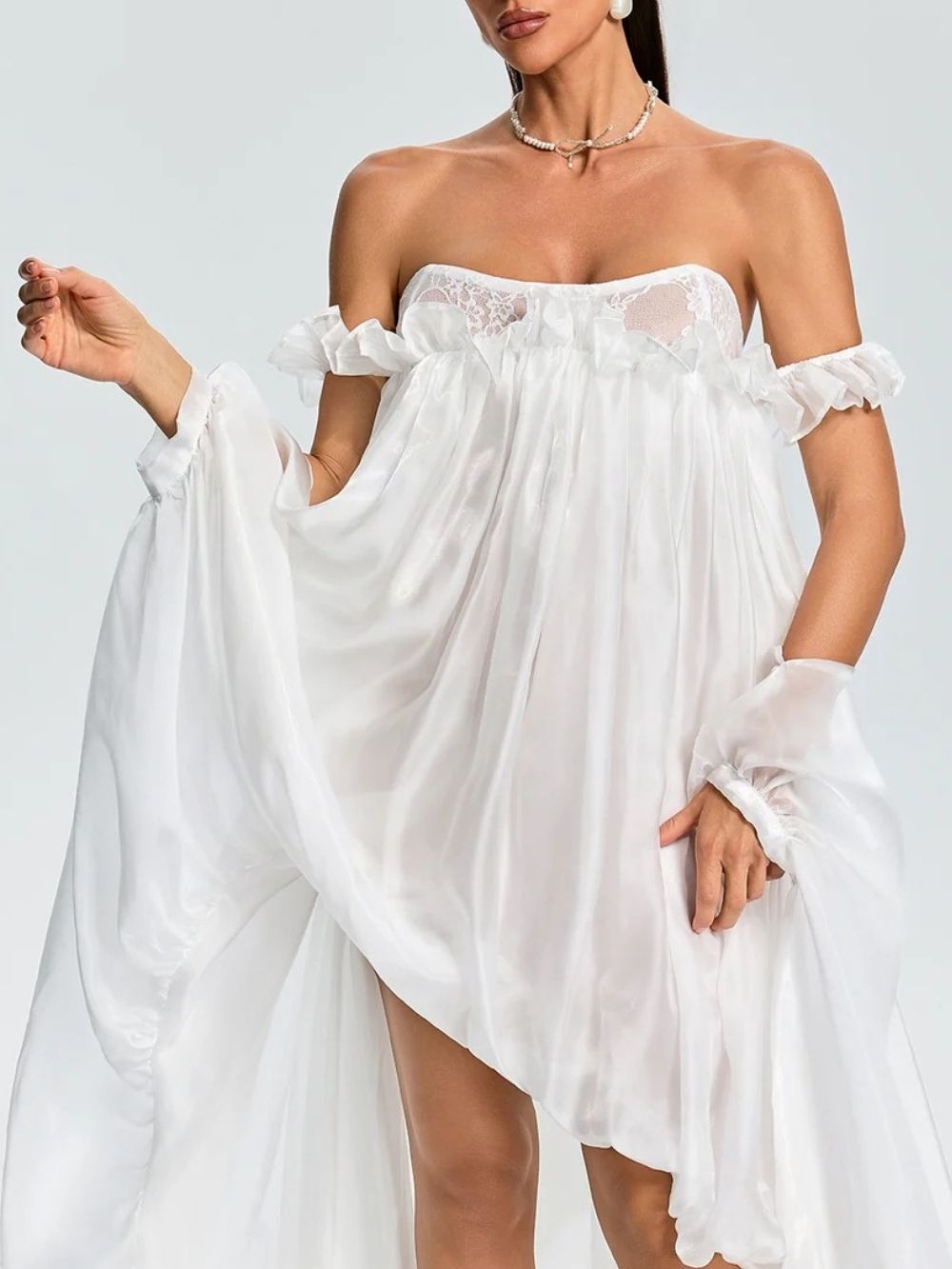 3f999aa9261fa1cb53340b9caf95f6c5 Euleta Off Shoulder Lace Ruffle Maxi Dress