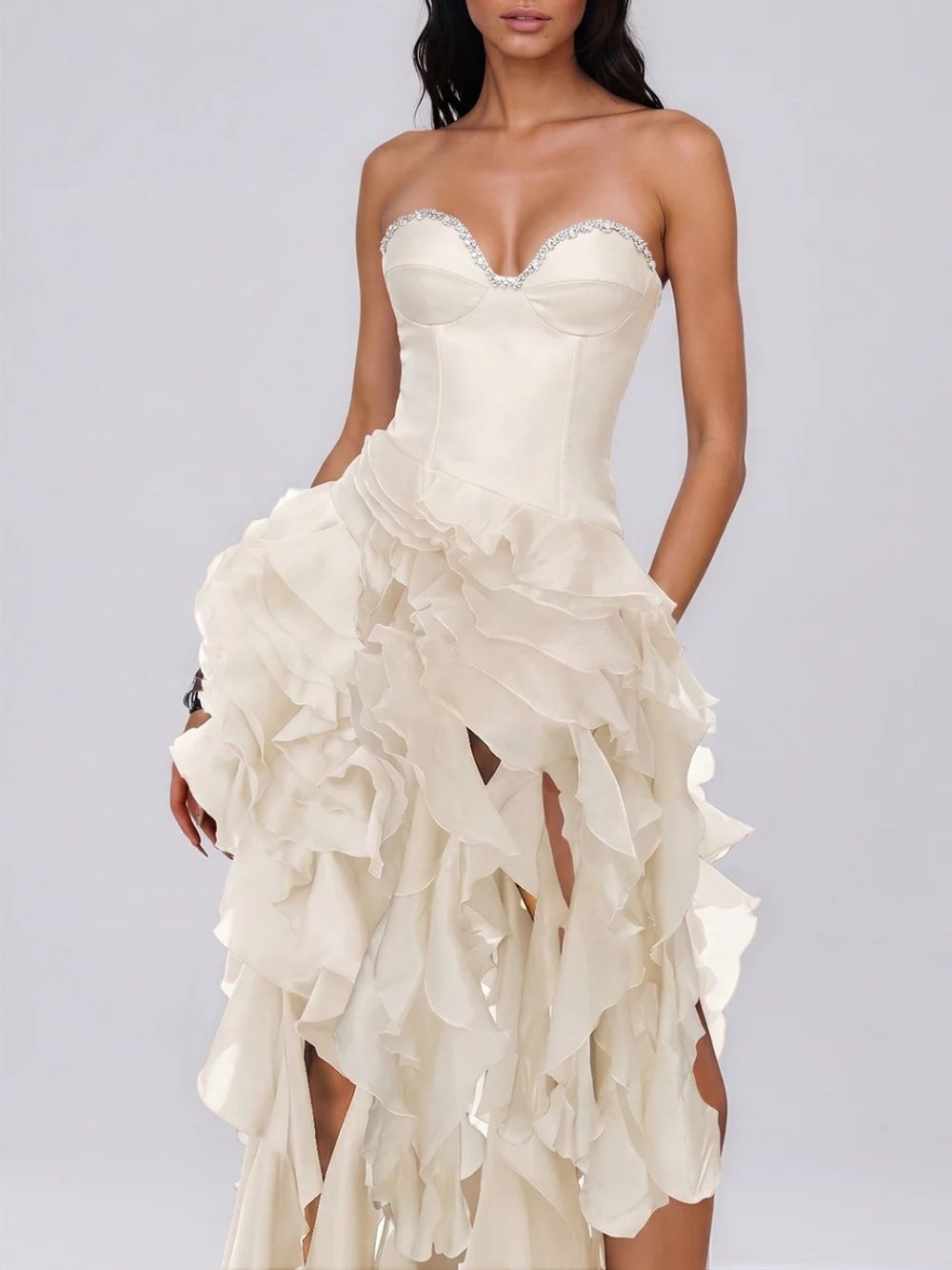 3fd36eedc65a9e3ef7a35c2cf6d27191 Falden Strapless Ruffle Crystal Dress In Beige