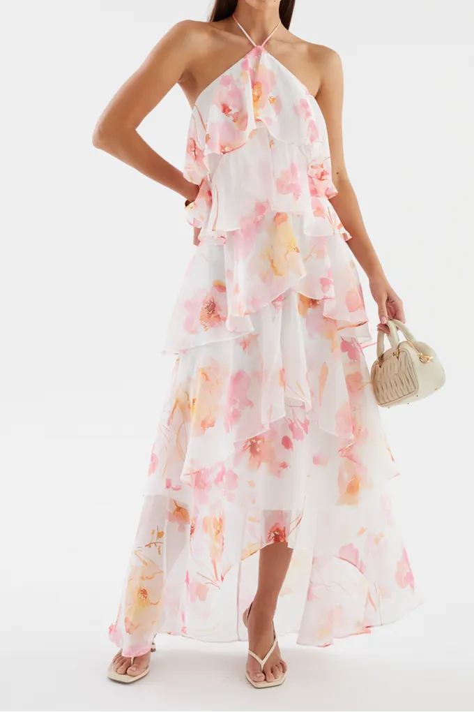 Floral Print Layerhalter Maxi Dress - Pink Floral