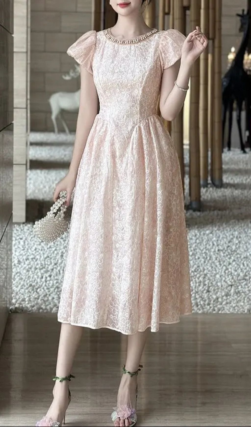 Pearl Neck Puff Sleeve Flared Lace Midi Dress - Pink
