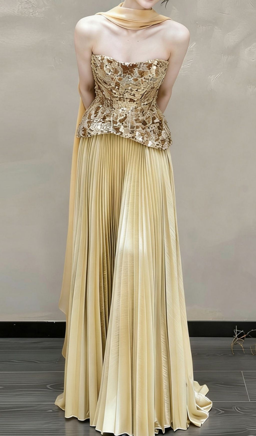 405e651f8046bccd28e8aa3b6b402cf1 Kriti Gold Strapless Pleated Maxi Dress