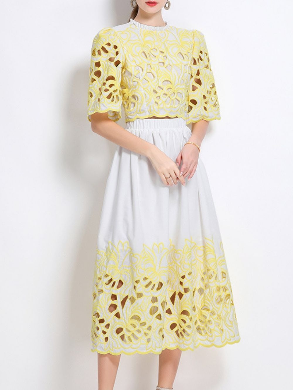Mahira Yellow Flower Embroidery Two-Piece Set - OWNCI Mahira Yellow Flower Embroidery Two-Piece Set - OWNCI