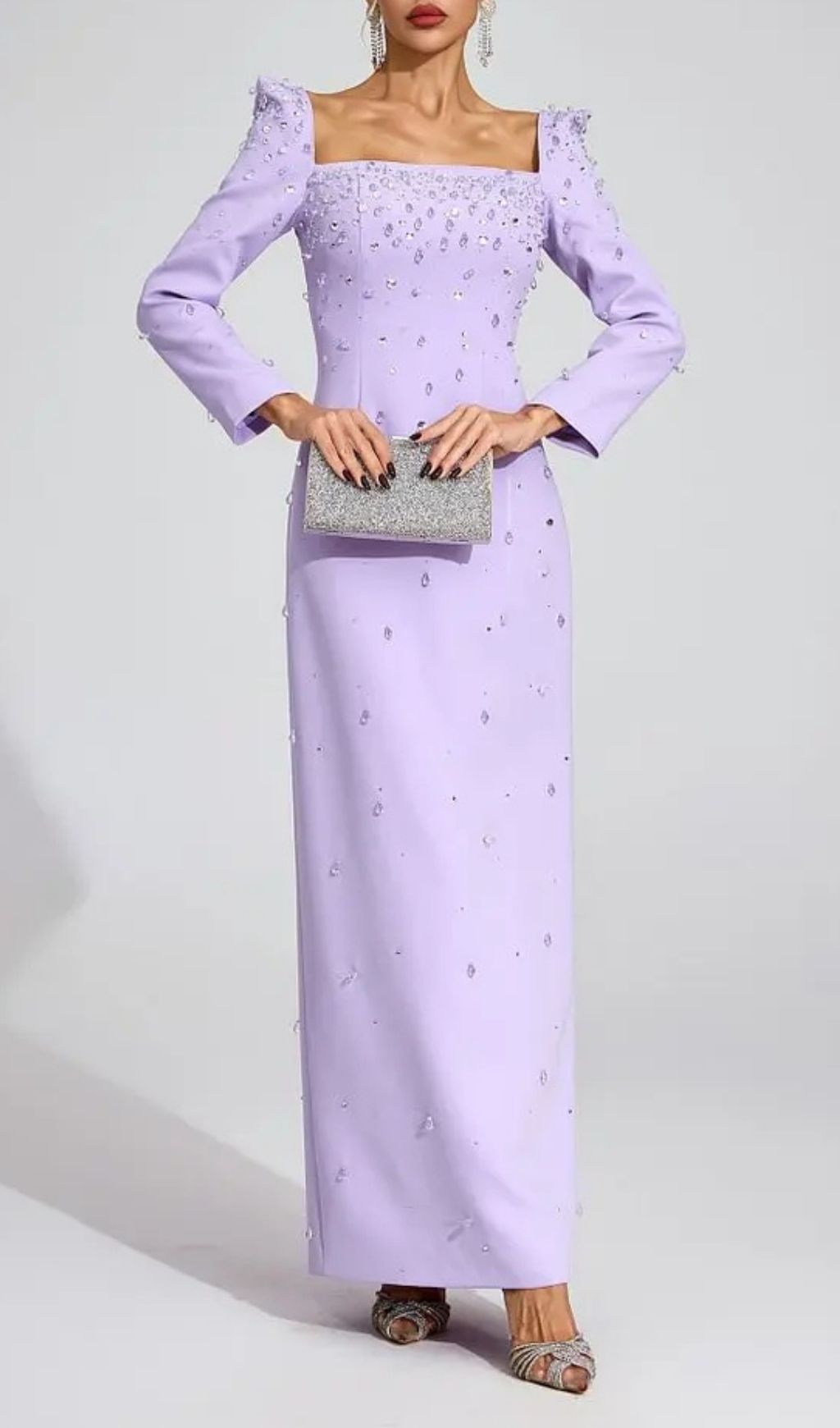 Lynn Square Neck Beaded Rhinestone Maxi Dress – Purple - OWNCI Lynn Square Neck Beaded Rhinestone Maxi Dress – Purple - OWNCI