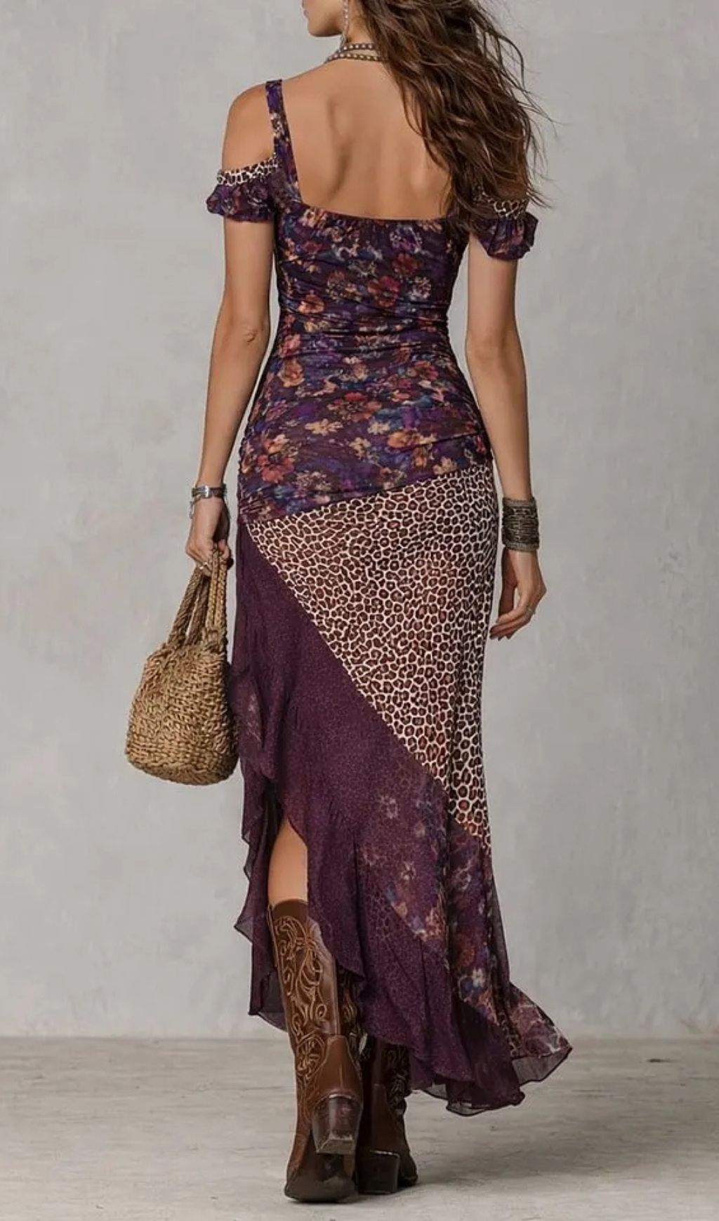 Fashionslee Women Purple Urban Nomadic Leopard Print Floral High-slit Maxi Dress