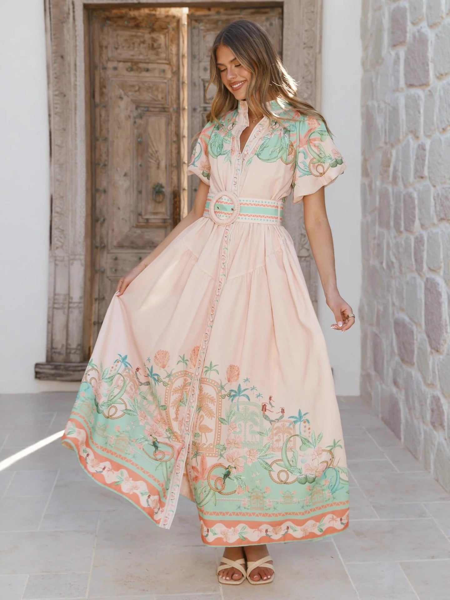 Pink Linen Loose Casual Belt Waist Midi Dress