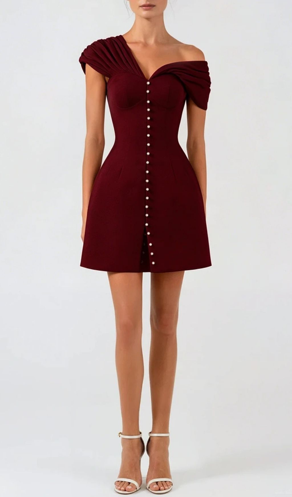 Luzasa Off Shoulder Buttoned Mini Dress - Wine