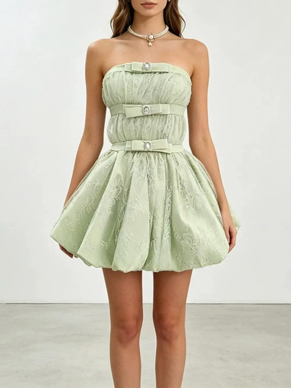 Kamya Green Strapless Lace Mini Dress
