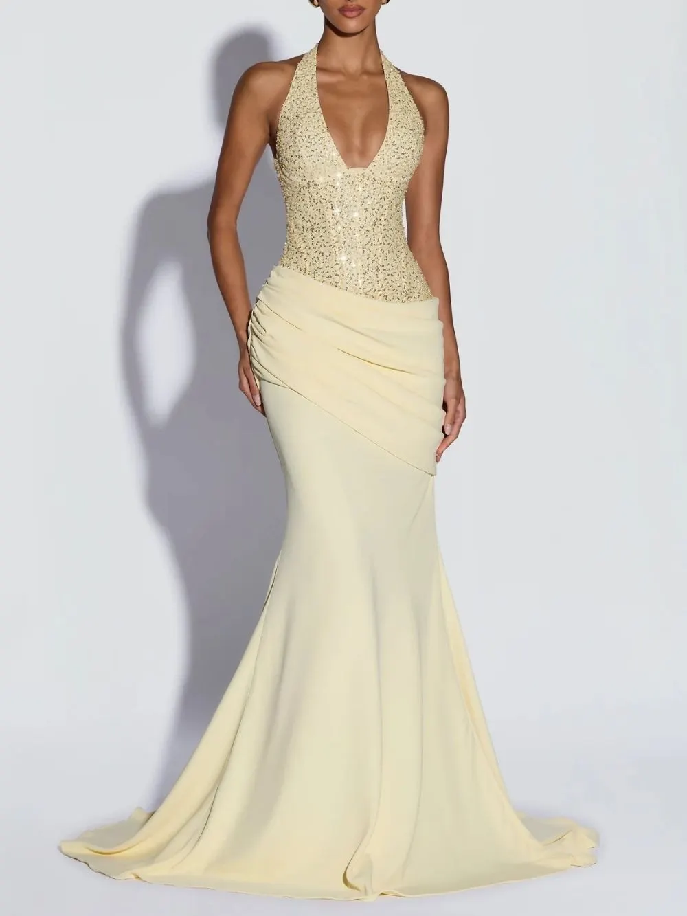 Fantasia Yellow Halterneck Sequin Maxi Dress