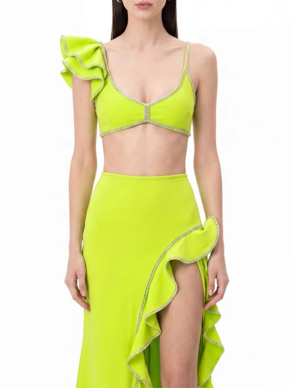 Nysora Rhinestone Split Skirt Set In Chartreuse