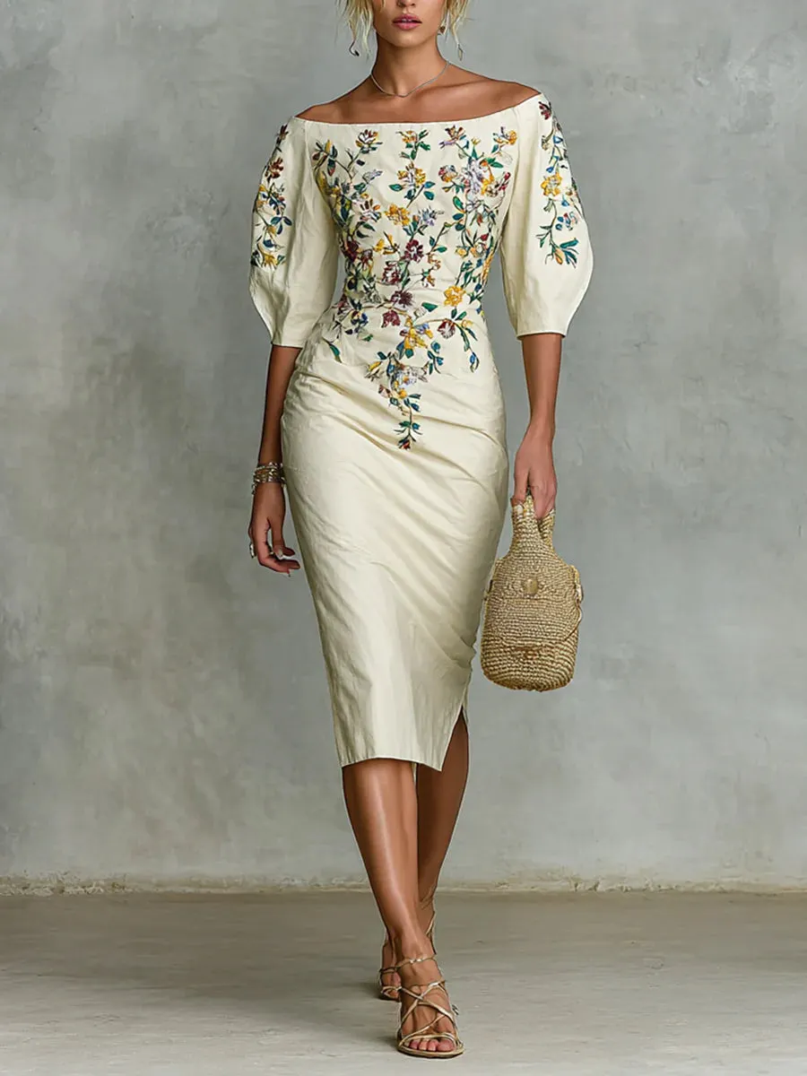 Women's floral print mid-sleeve slit dress