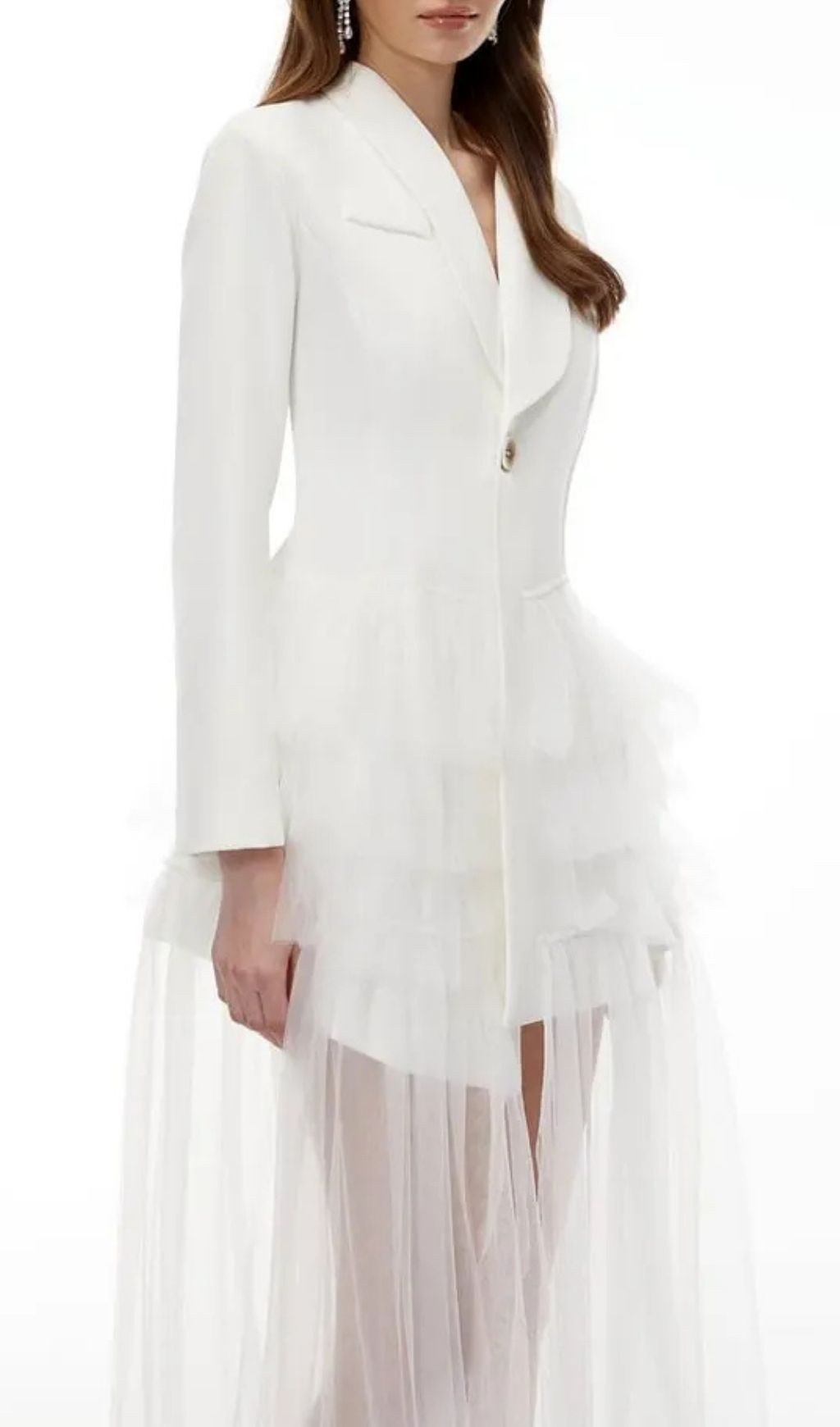 Illyria White Blazer Maxi Dress with Ruffled Tulle