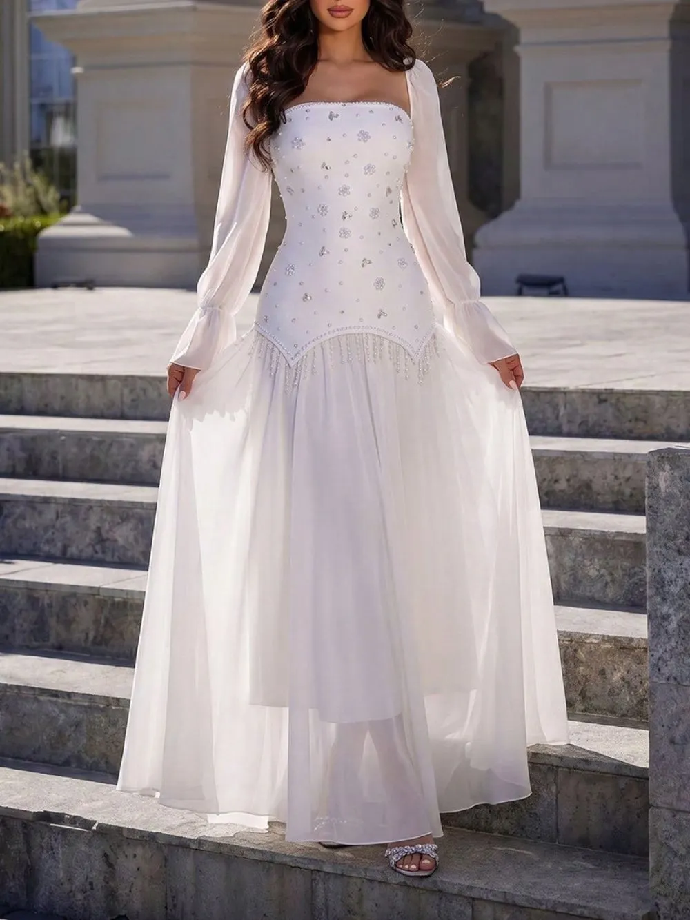 41ea7f5b183173901b6fc5bd13b8f52e Mamie White Long Sleeve Beaded Maxi Dress