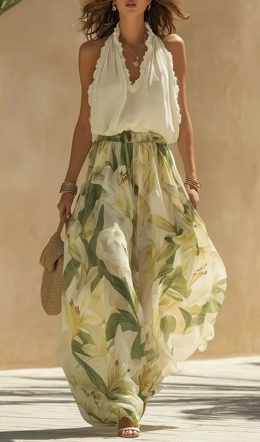 Vacation Chiffon Ruffled Sleeveless Top And Lily Print Pants Set
