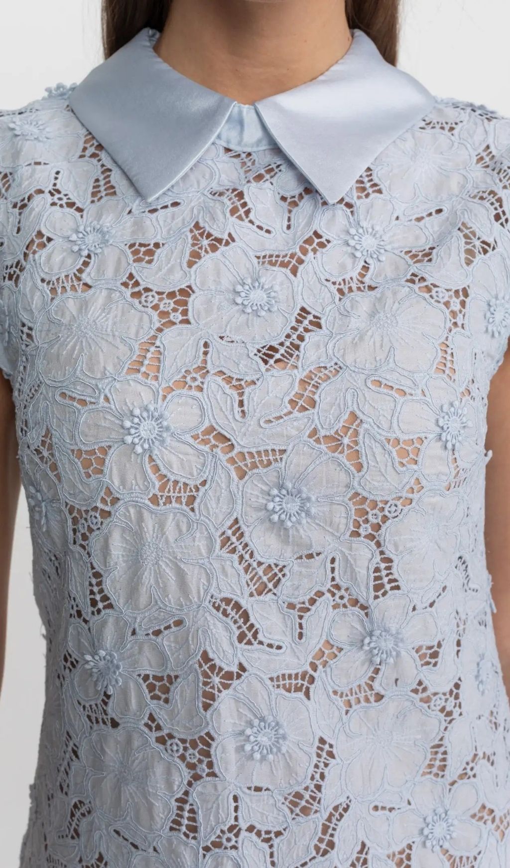 42e635b1ac46a56a0173387e364cb325 Sylvia Light Blue Floral Lace Hollow Mini Dress With Satin Collar