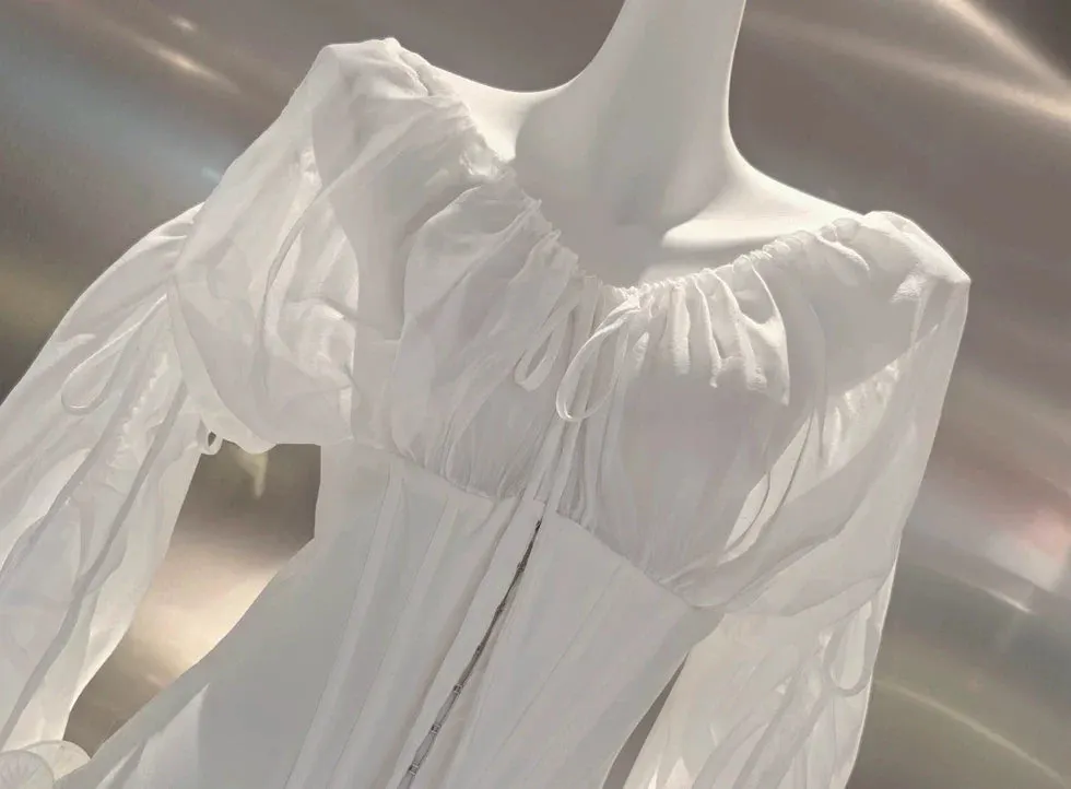 Off Shoulder Sheer Sleeve Corset Ruffle High Low Mini Dress