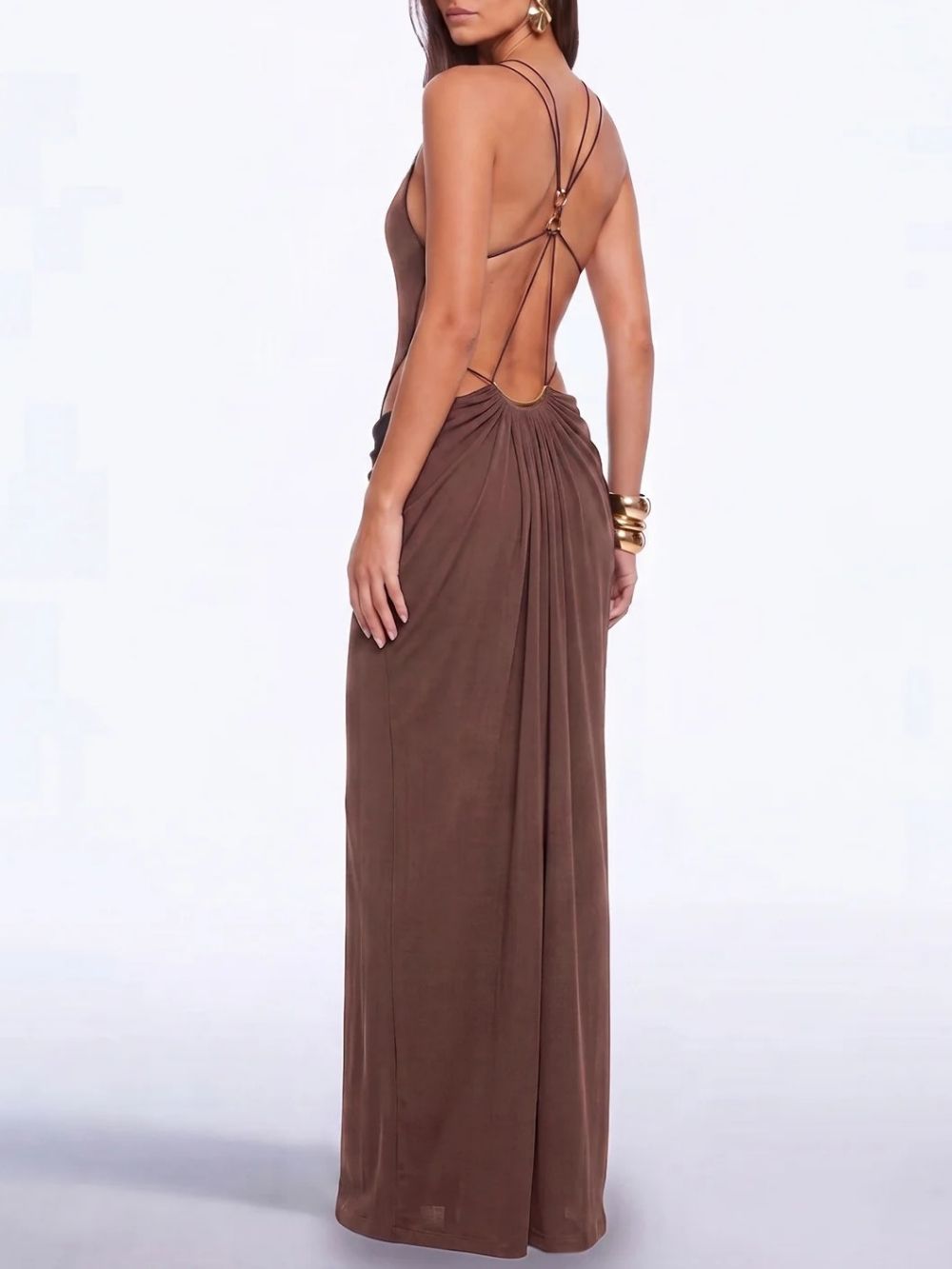 Lorysa Backless Cutout Maxi Dress In Brown - OWNCI Lorysa Backless Cutout Maxi Dress In Brown - OWNCI