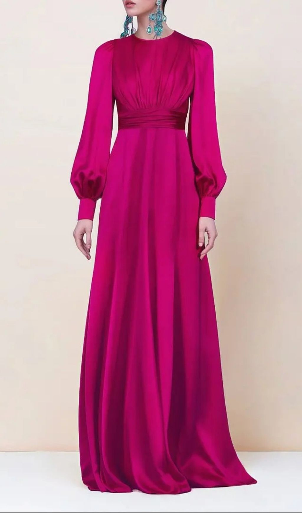 Fuchsia Satin Long Sleeve Maxi Dress With Gathered Waist - OWNCI