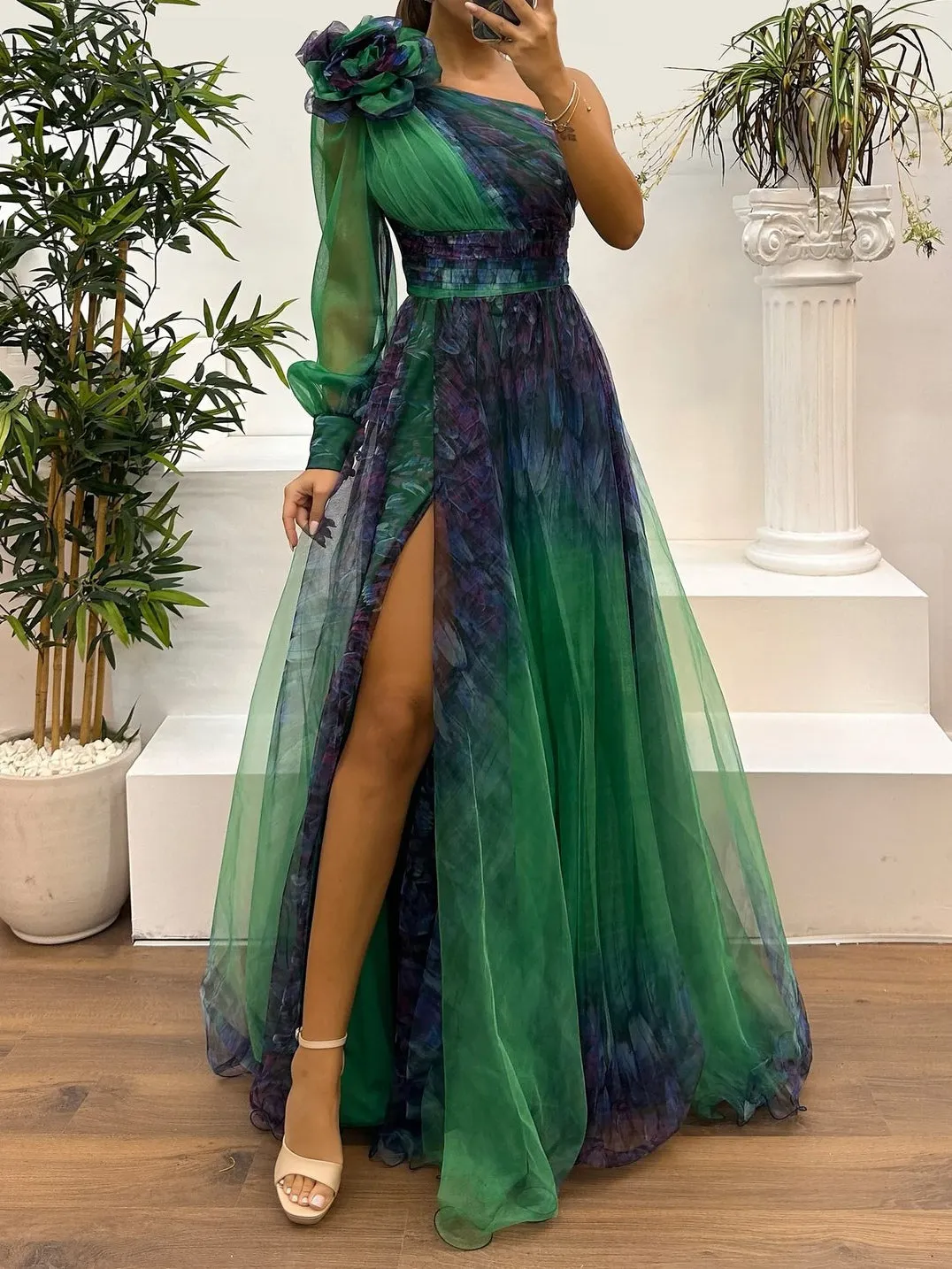 4325999980a07311e951ed3e723a6d37 One Shoulder Mesh Abstract Gradient Print Maxi Dress