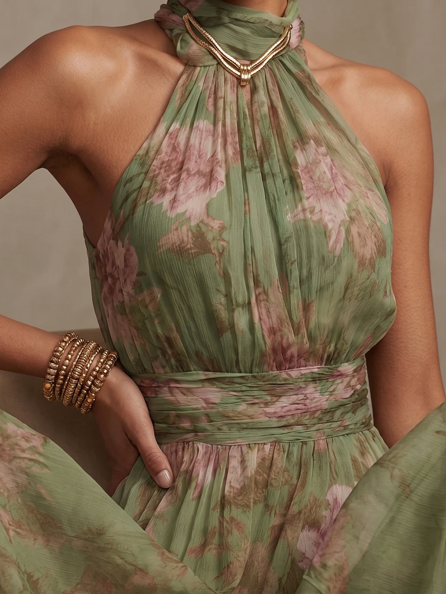 Polly Green Floral Chiffon Halter Maxi Dress - OWNCI