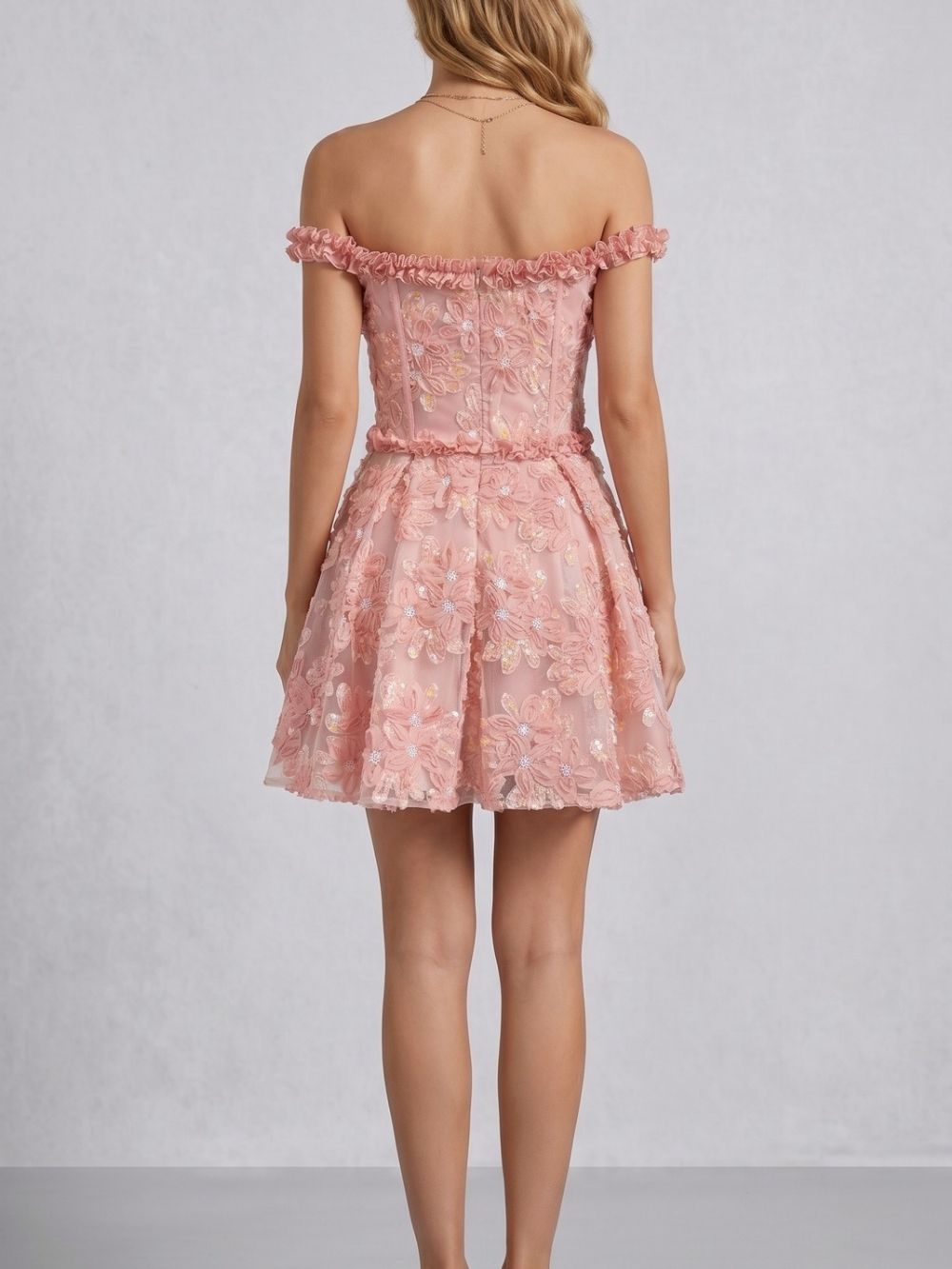 Jyvric Pink Off Shoulder Flower Mini Dress