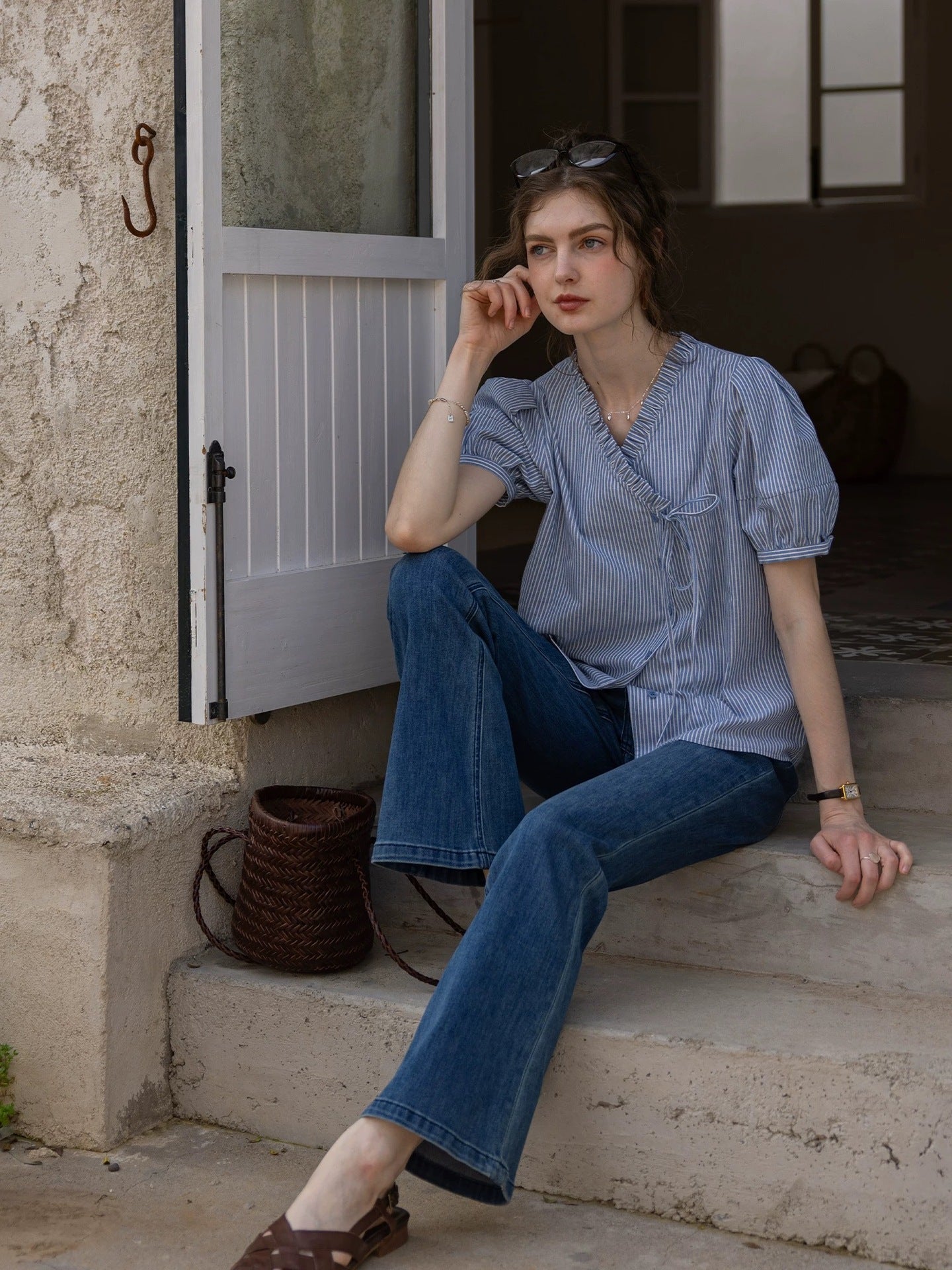 Blue Cotton Asymmetrical Striped Puff-Sleeve Shirt
