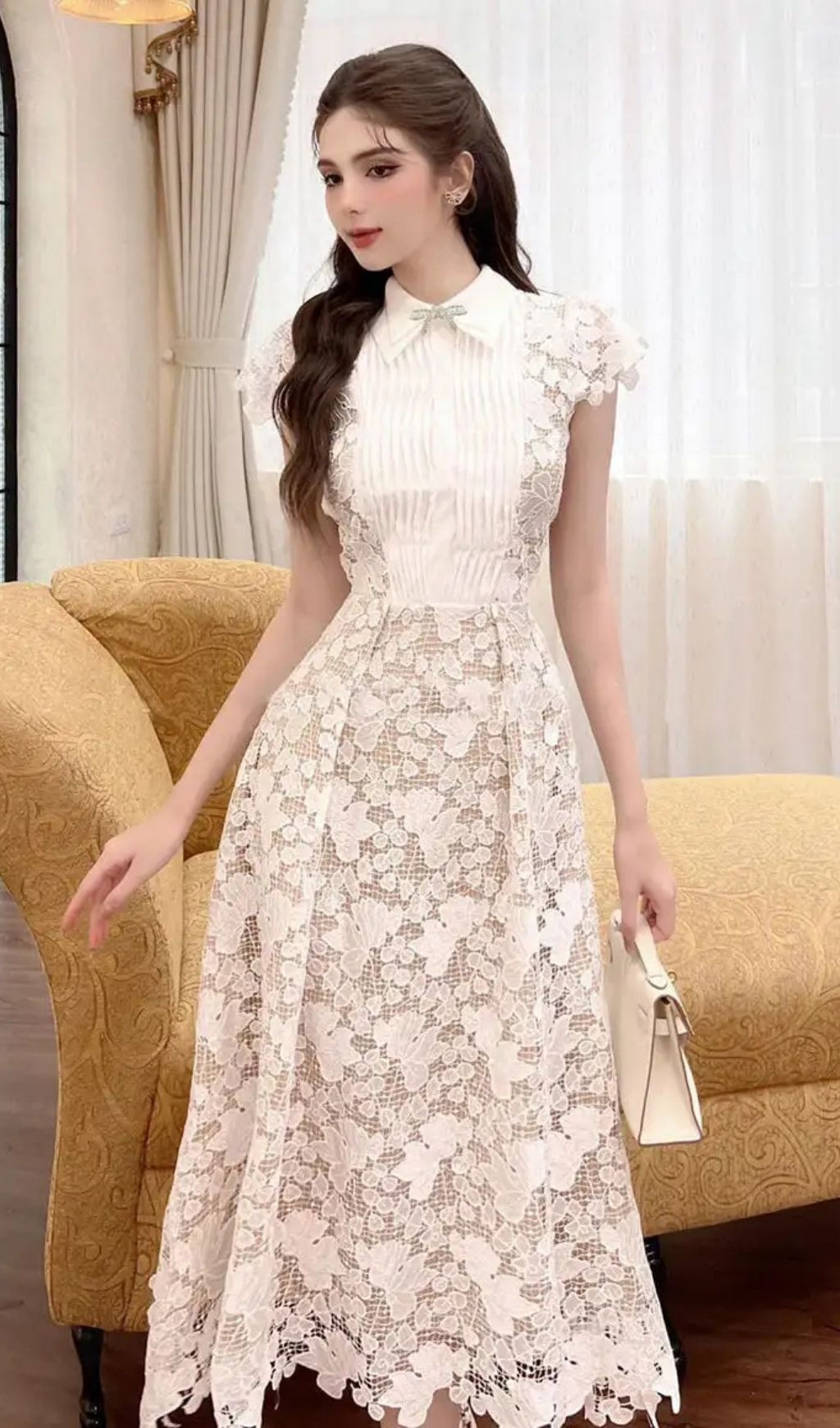 Leila White 3D Flower Embroidery Bow Lace Midi Dress