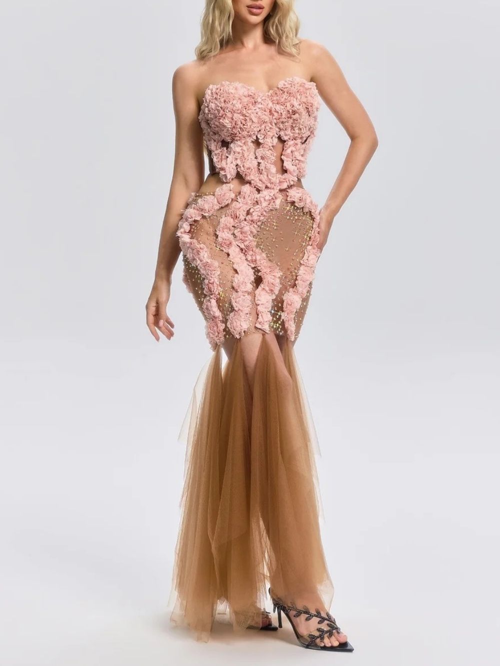 43df1bdf625285e1d82ff11207088b5f Feryal Strapless Flower Mesh Maxi Dress