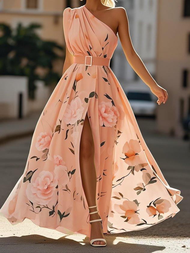 43e8986841d8175fe06ce117d8cb7986 Light Green Floral Ruched One Shoulder A-Line Maxi Chiffon Dress