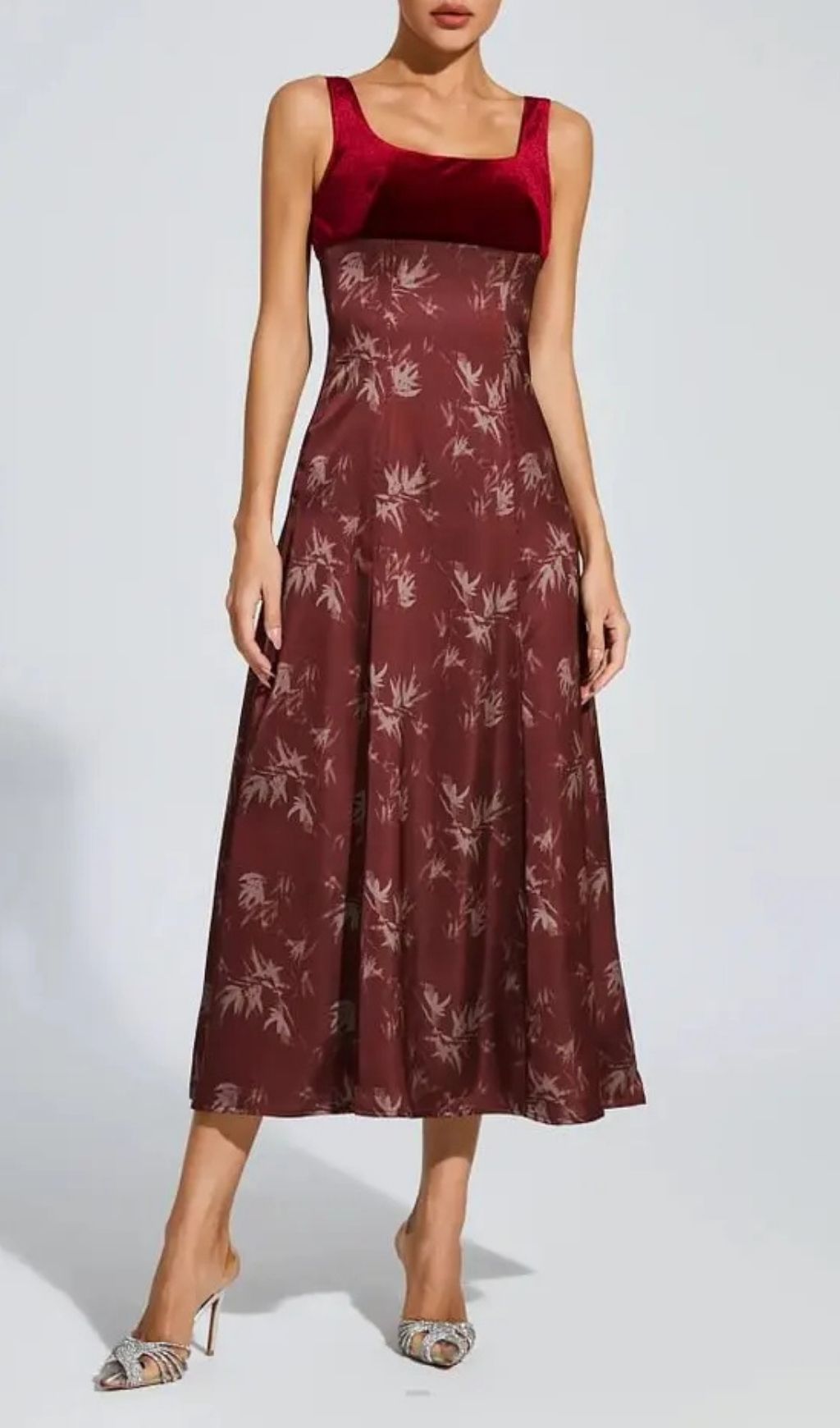 Lucy Retro Square Neck Print Suspender Midi Dress - Burgundy