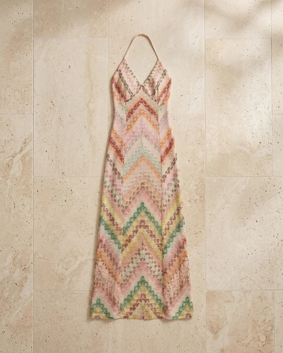 Chevron Rainbow Crochet Cross-Back Spaghetti Strap Maxi Dress - OWNCI Chevron Rainbow Crochet Cross-Back Spaghetti Strap Maxi Dress - OWNCI