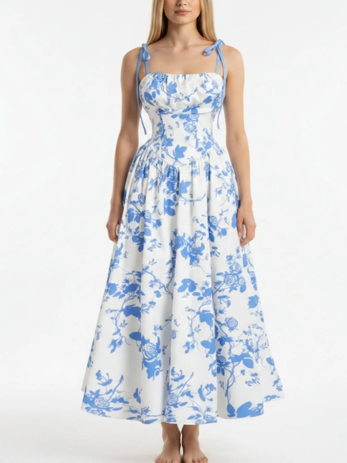 Smocked Floral Square Neck A-line Midi Dress