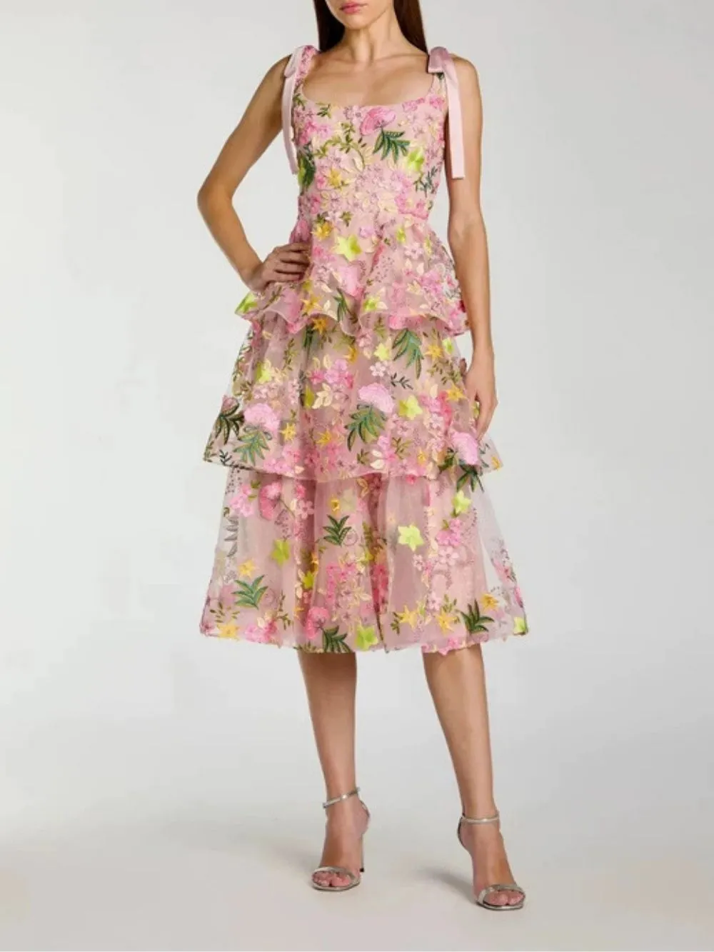 Makani Pink Flower Embroidery Midi Dress - OWNCI