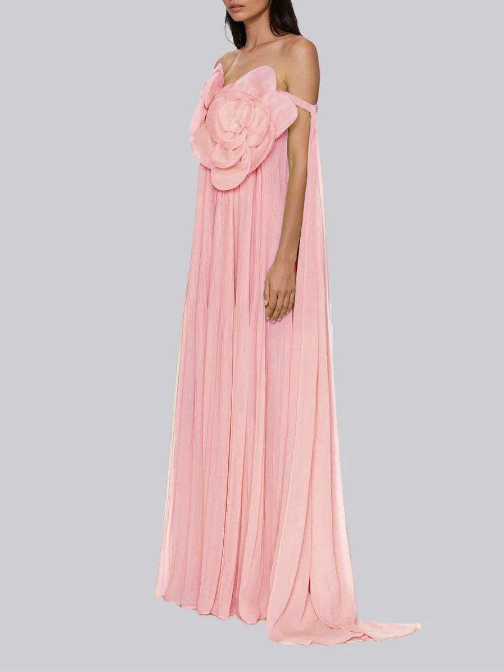 Fashionslee Women Grythalen Off Shoulder Flower Pleated Maxi Dress In Pink