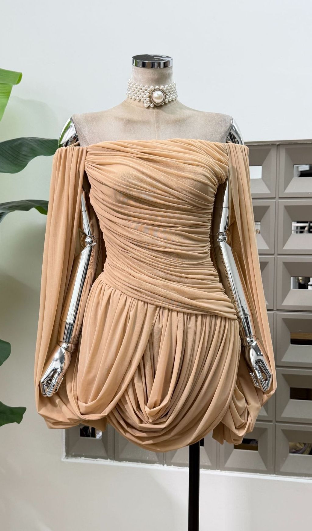 Zhuria Off Shoulder Draped Mini Dress - Khaki