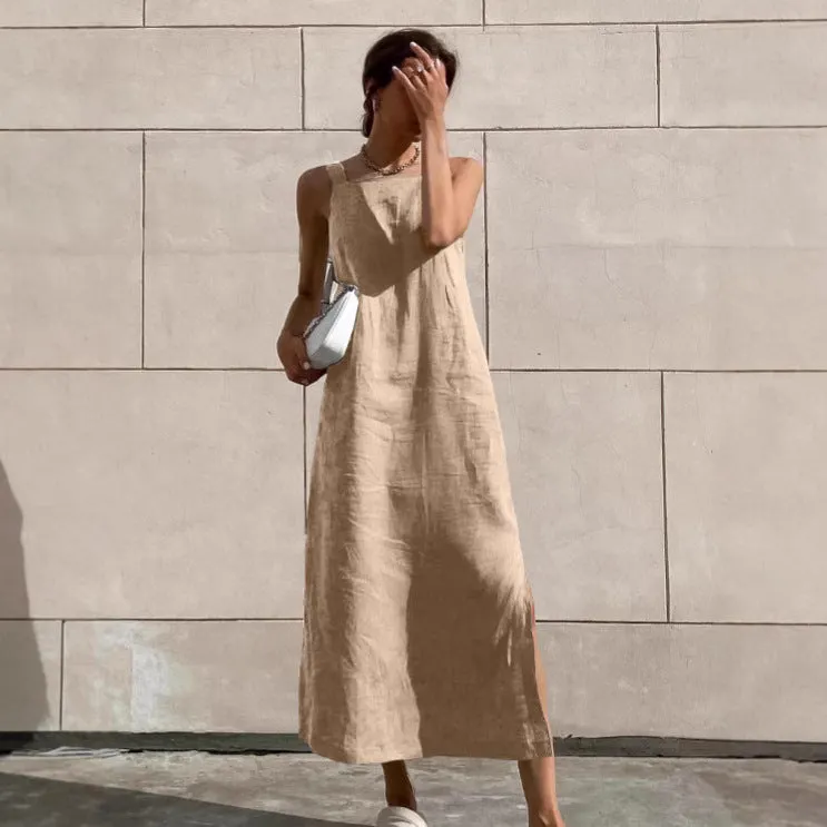 Cotton Linen Side Slit Strap Midi Dress