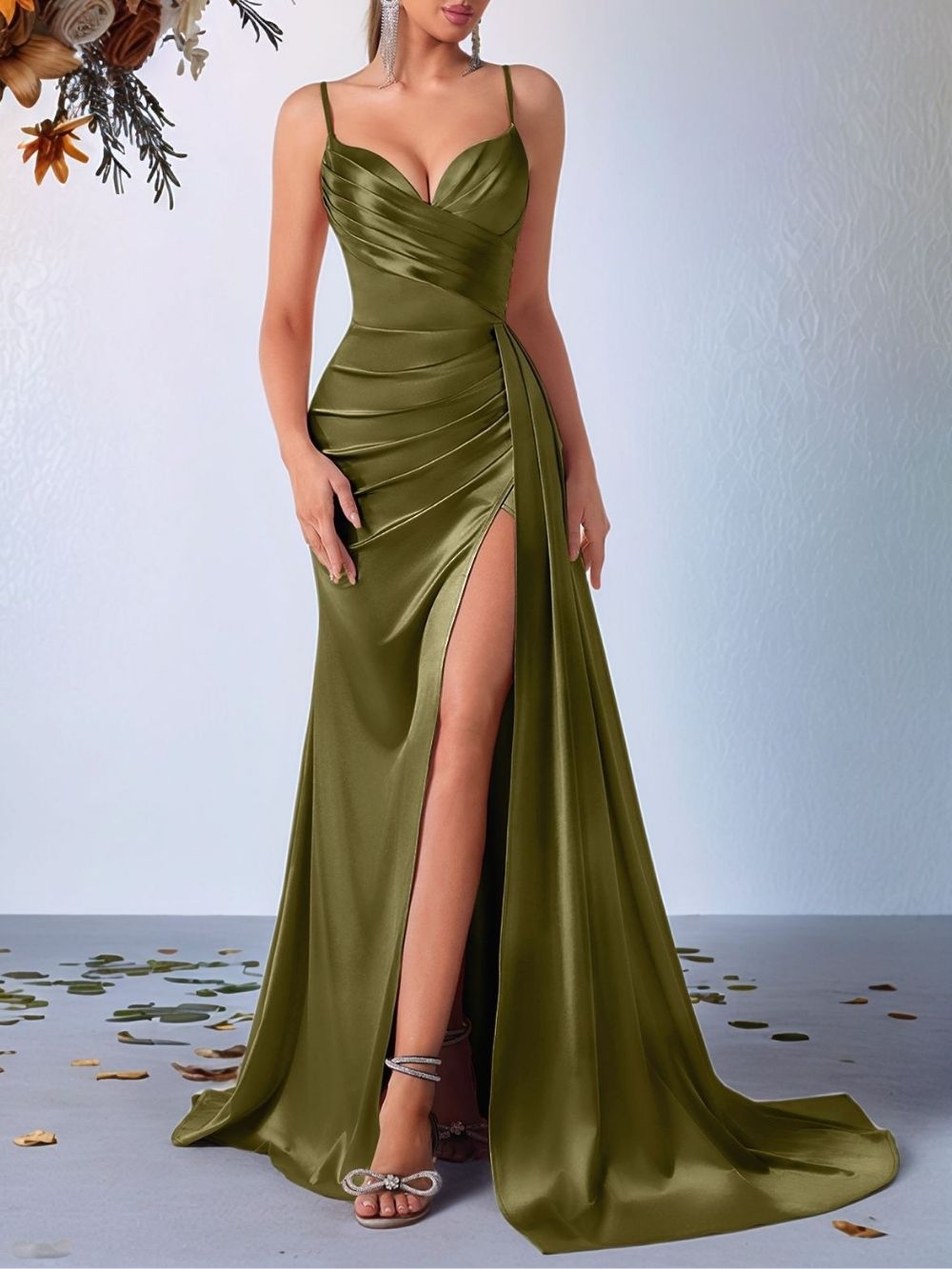 Makala Army Green Strappy Ruched Maxi Dress