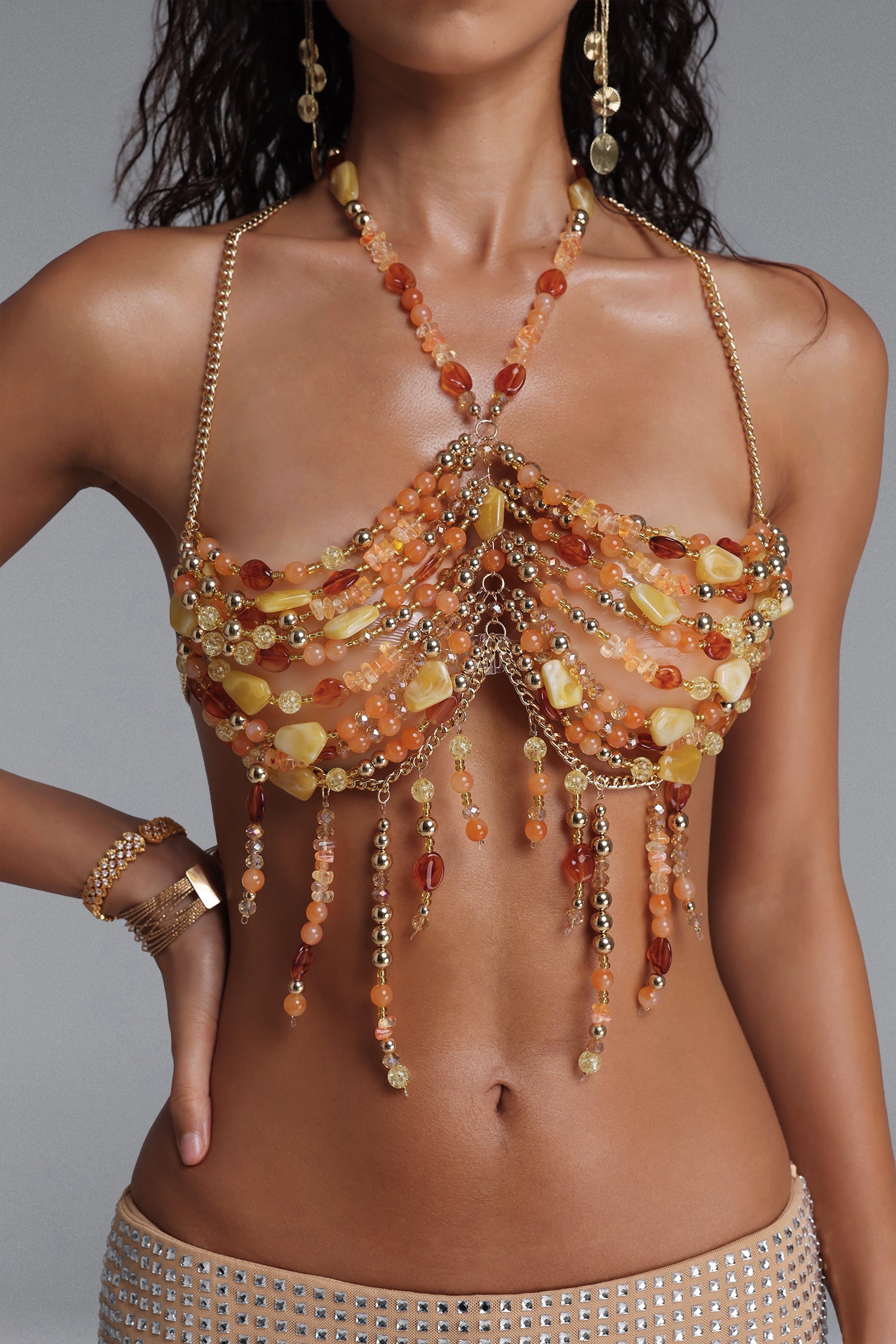 Amber Agate Mixed Stone Halter Tassel Body Chain Top